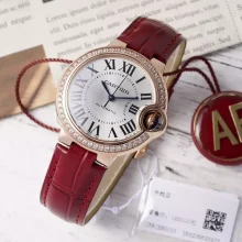 CARTIER Ballon Bleu 33mm RG AF 1:1 Best Edition Silver Dial Diamonds Bezel on Red Leather Strap SEIKO NH05A