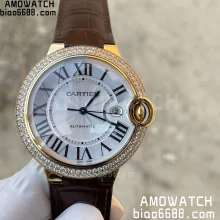 CARTIER Ballon Bleu 42mm YG AF 1:1 Best Edition White Texture Dial Diamonds Bezel on Brown Leather Strap A2824 V5