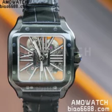Santos de Cartier Skeleton PVD MLF Skeleton Dial on Black Leather Strap 9612MC Super Clone