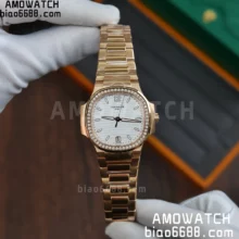 PP Nautilus 7118 Ladies RG 3KF 1:1 Best Edition White Dial Diamonds Bezel on RG Bracelet A324 Super Clone