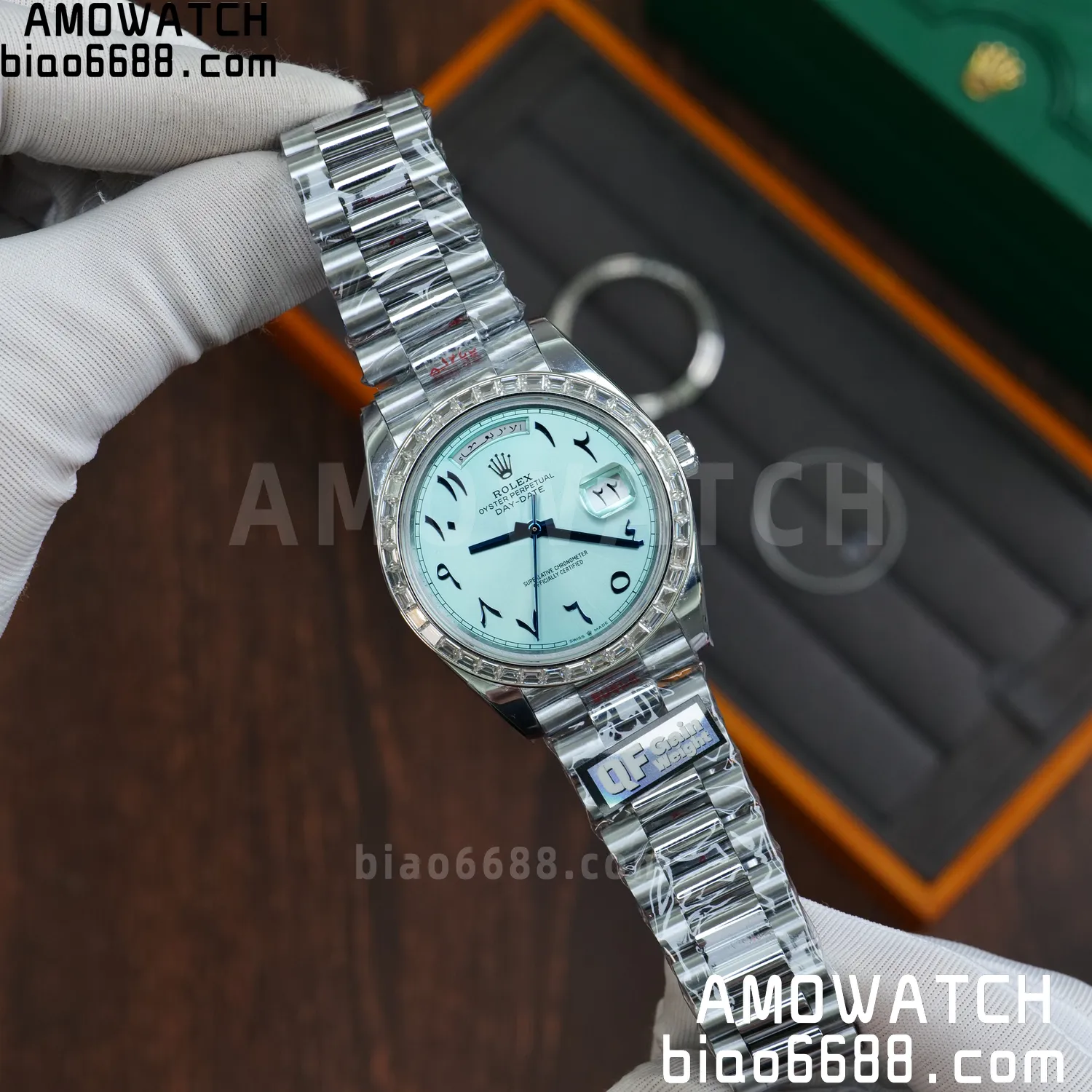 Custom Made Rolex DayDate 228236 40mm Best Edition Moissanite Bezel Deep Crystal 183g 57 27628f1be26c4ca AMO Watch