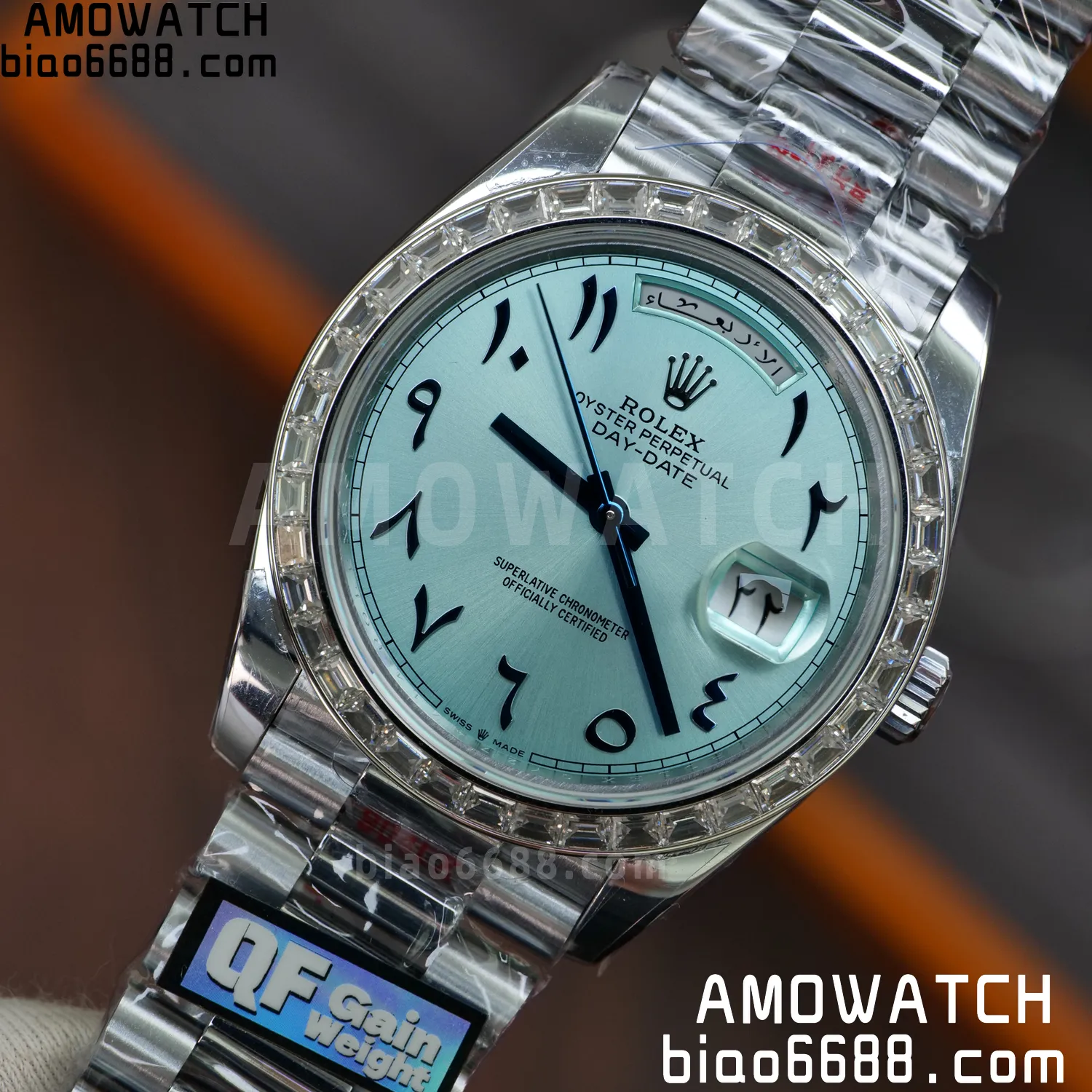 Custom Made Rolex DayDate 228236 40mm Best Edition Moissanite Bezel Deep Crystal 183g 71 7ddd1ca7c1a6a77 AMO Watch