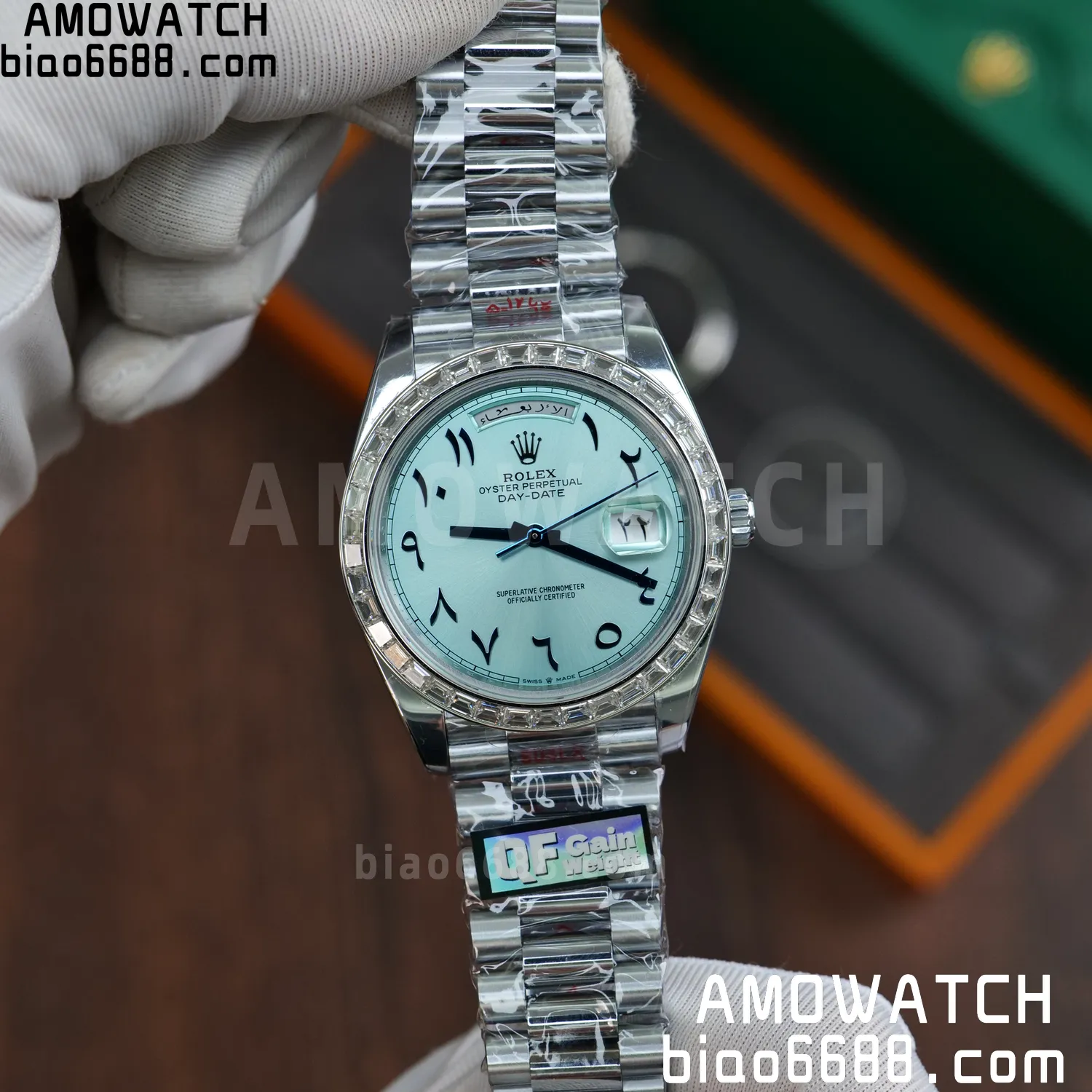 Custom Made Rolex DayDate 228236 40mm Best Edition Moissanite Bezel Deep Crystal 183g 53 953d0939edd5121 AMO Watch