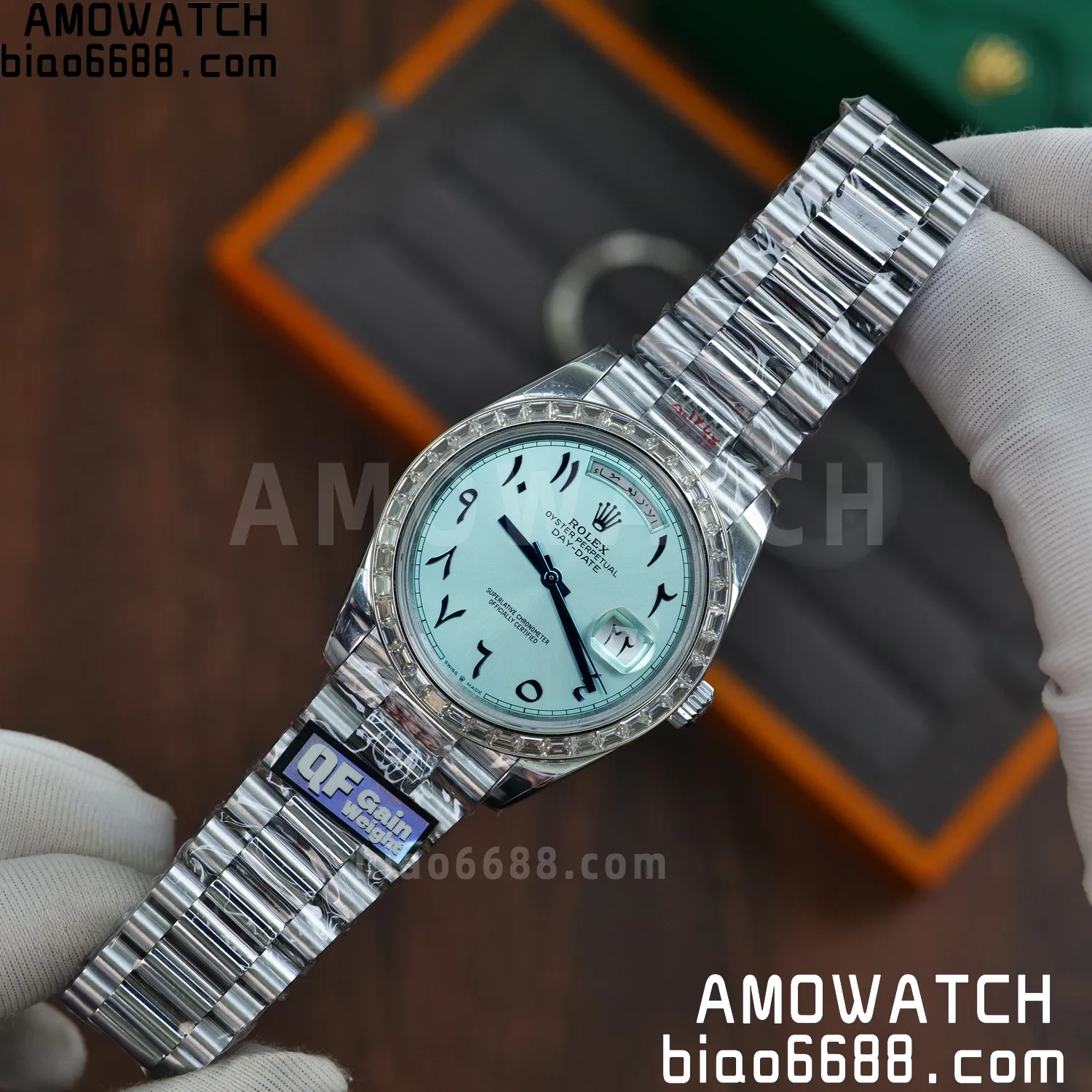 Custom Made Rolex DayDate 228236 40mm Best Edition Moissanite Bezel Deep Crystal 183g 54 c601eafd19bf88a AMO Watch