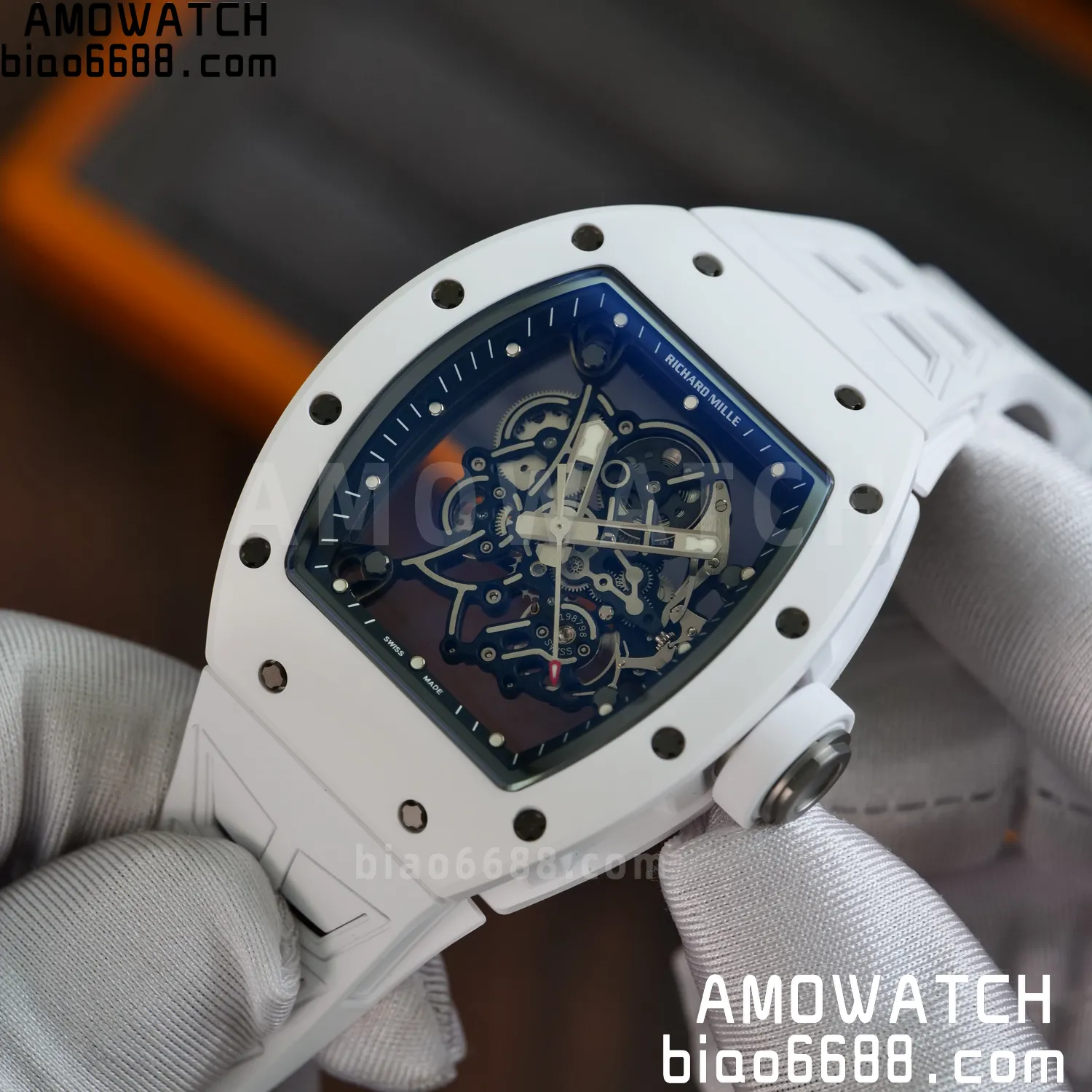 RM055 White Ceramic UMI 1:1 Best Edition on Shark Rubber Strap RMUL2 Free Sprung 72 09c4bafc0f0310d AMO Watch