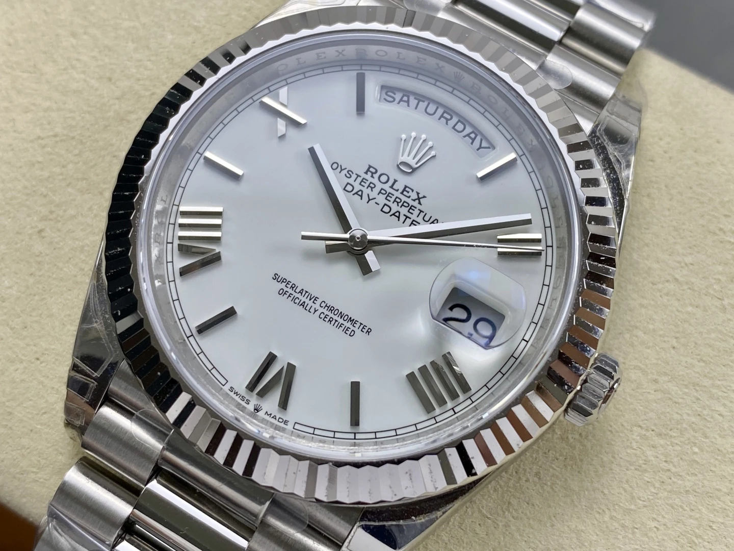 Rolex DayDate 228239 40mm VSF 1:1 Best Edition White Roman Dial Fluted Bezel 3255 28 0c09120d1fcf915 阿默表行AmoWatch