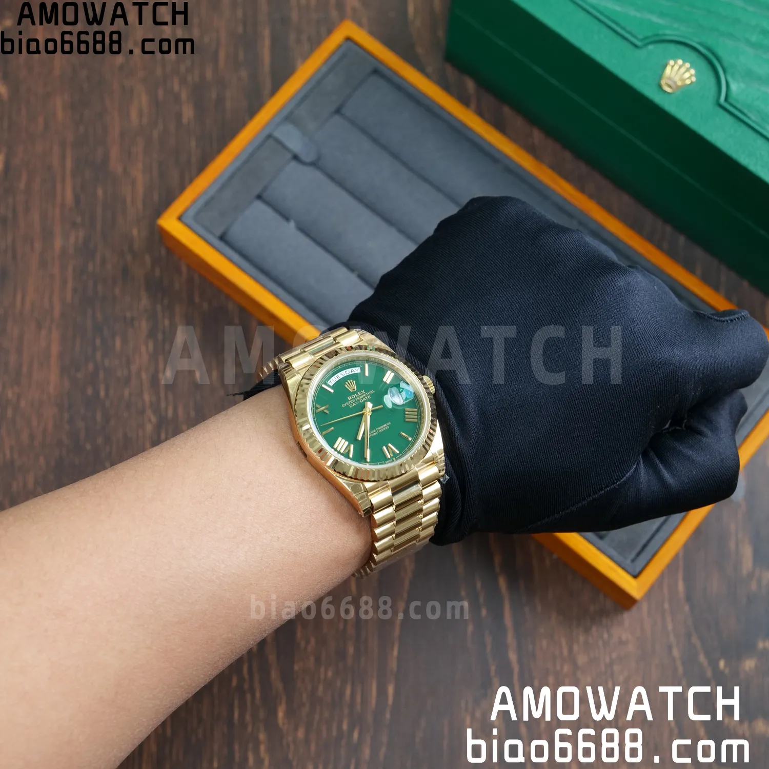 Rolex DayDate 228238 YG 40mm VSF 1:1 Best Edition Green Roman Dial Fluted Bezel 3255 83 2657a6cb4c44e66 AMO Watch