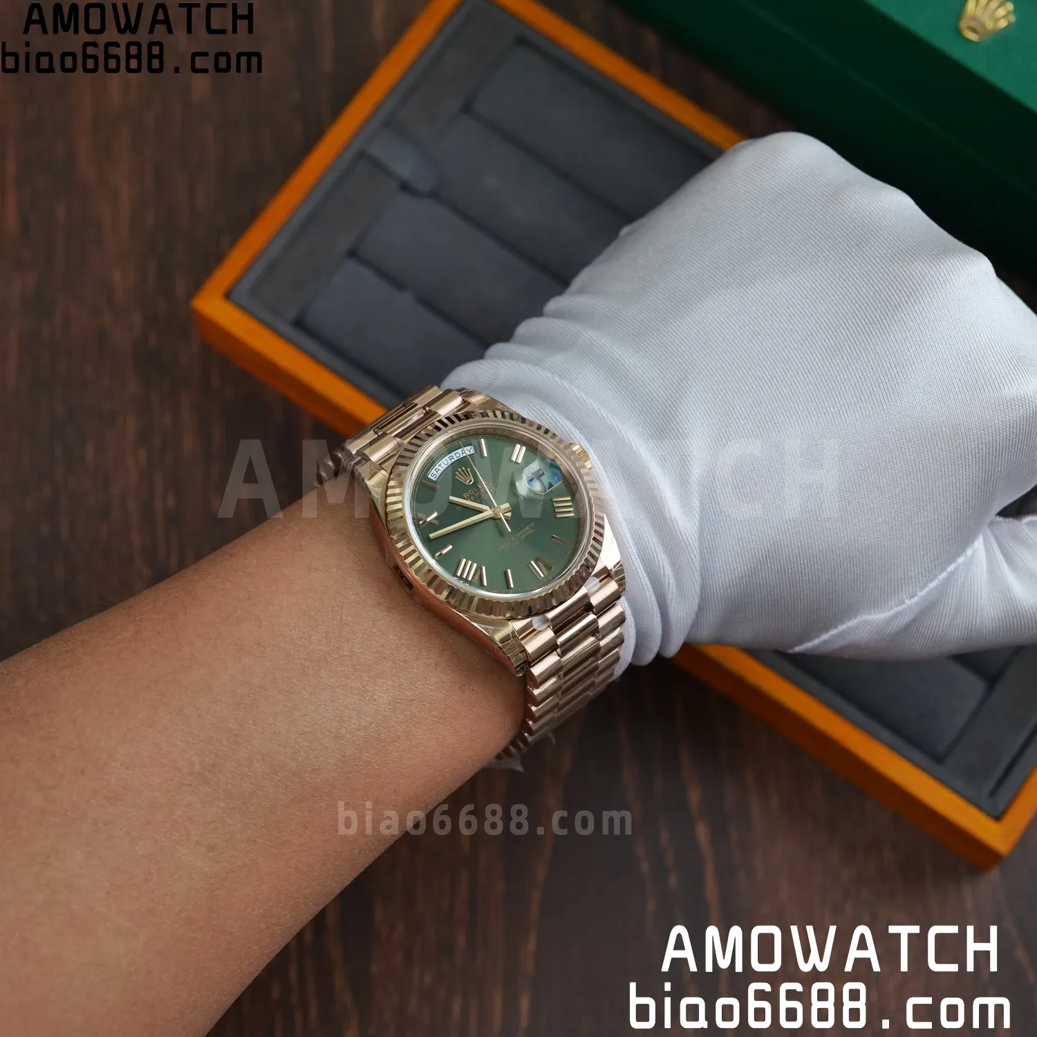 Rolex DayDate 228235 RG 40mm VSF 1:1 Best Edition Green Roman Dial Fluted Bezel 3255 82 33c0d4ccfcf6a11 阿默表行AmoWatch