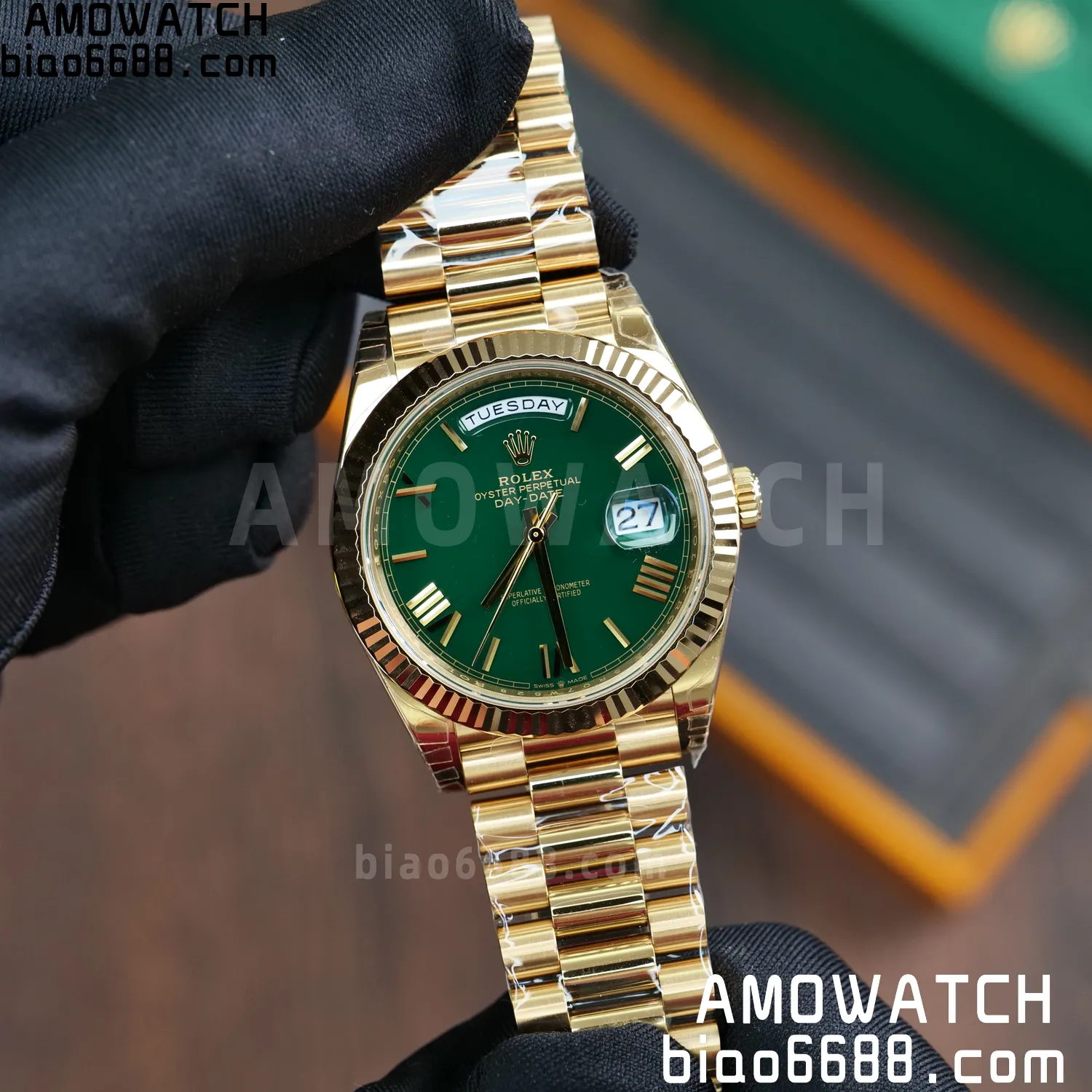 Rolex DayDate 228238 YG 40mm VSF 1:1 Best Edition Green Roman Dial Fluted Bezel 3255 62 384d7d7e21d74c6 AMO Watch