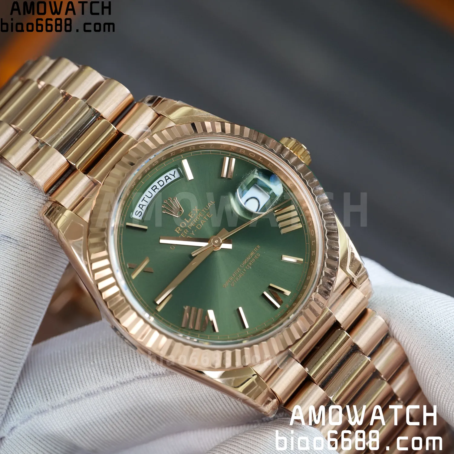 Rolex DayDate 228235 RG 40mm VSF 1:1 Best Edition Green Roman Dial Fluted Bezel 3255 72 3c9d899db7fea28 阿默表行AmoWatch