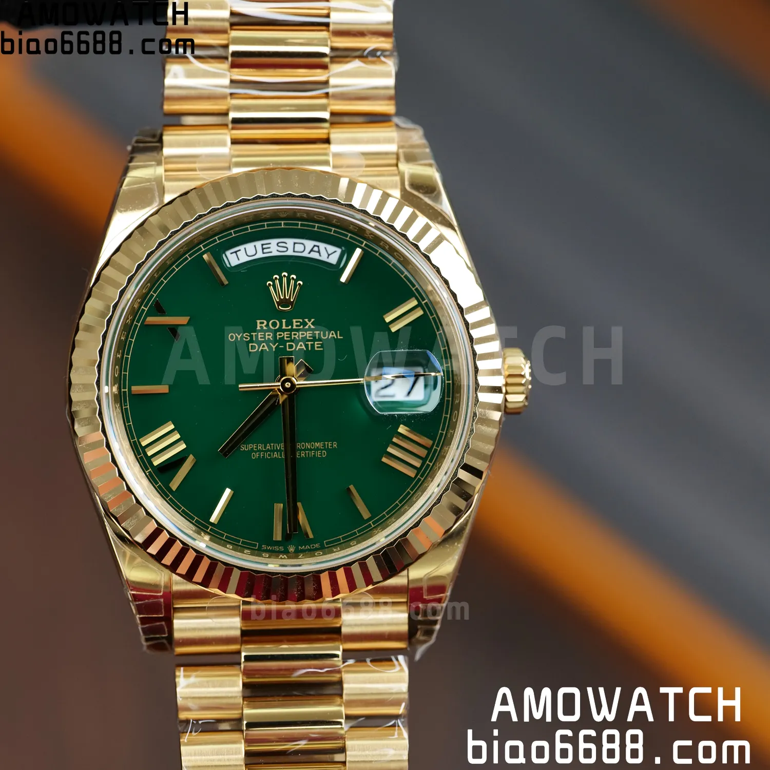 Rolex DayDate 228238 YG 40mm VSF 1:1 Best Edition Green Roman Dial Fluted Bezel 3255 67 51d6b2b14b3e2f9 AMO Watch