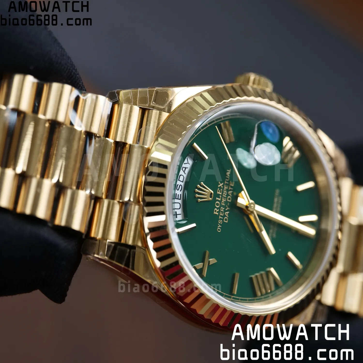 Rolex DayDate 228238 YG 40mm VSF 1:1 Best Edition Green Roman Dial Fluted Bezel 3255 74 5540c74f2fffca5 AMO Watch