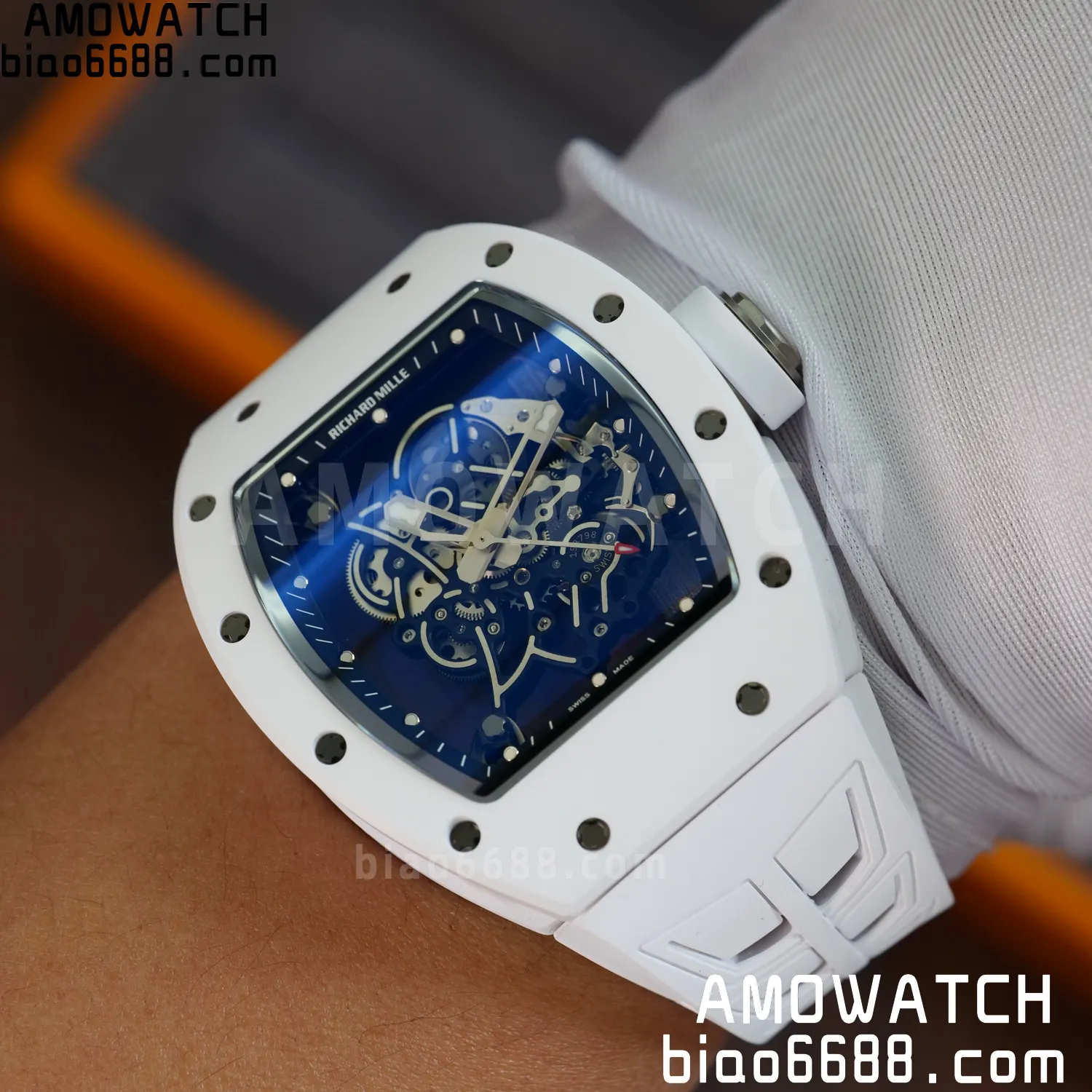 RM055 White Ceramic UMI 1:1 Best Edition on Shark Rubber Strap RMUL2 Free Sprung 87 5c097550547c79d AMO Watch