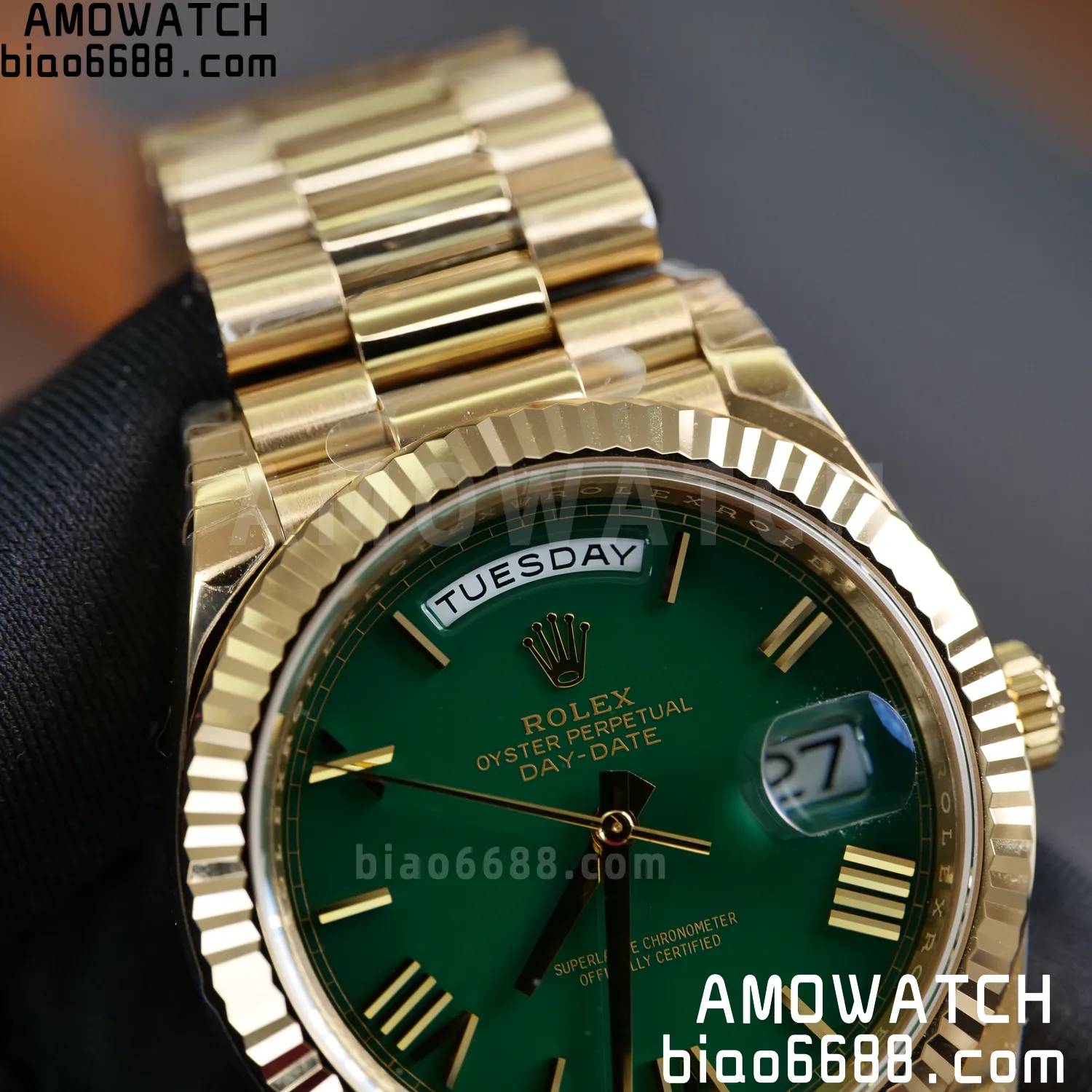 Rolex DayDate 228238 YG 40mm VSF 1:1 Best Edition Green Roman Dial Fluted Bezel 3255 80 679f59e5835494a AMO Watch