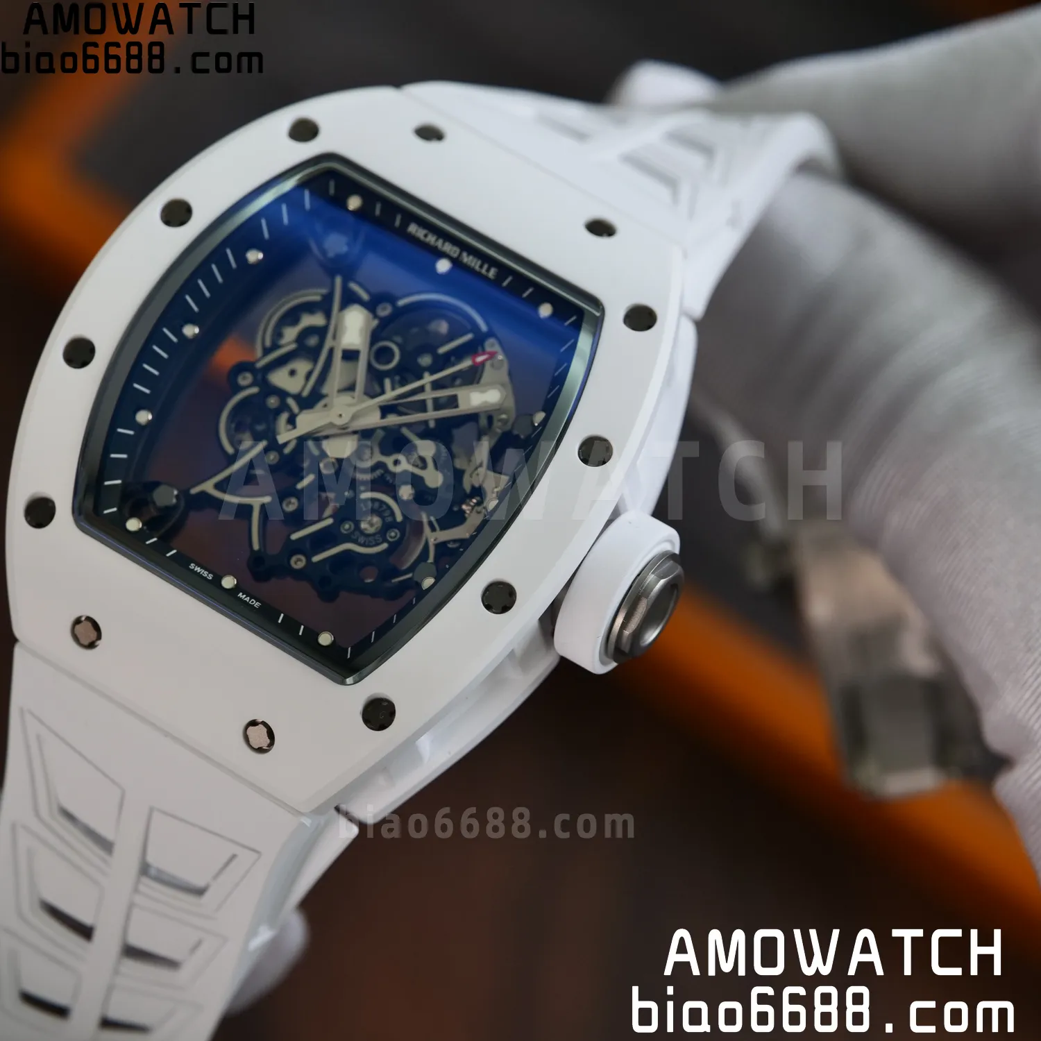 RM055 White Ceramic UMI 1:1 Best Edition on Shark Rubber Strap RMUL2 Free Sprung 70 70290fbeb1fb6fa AMO Watch