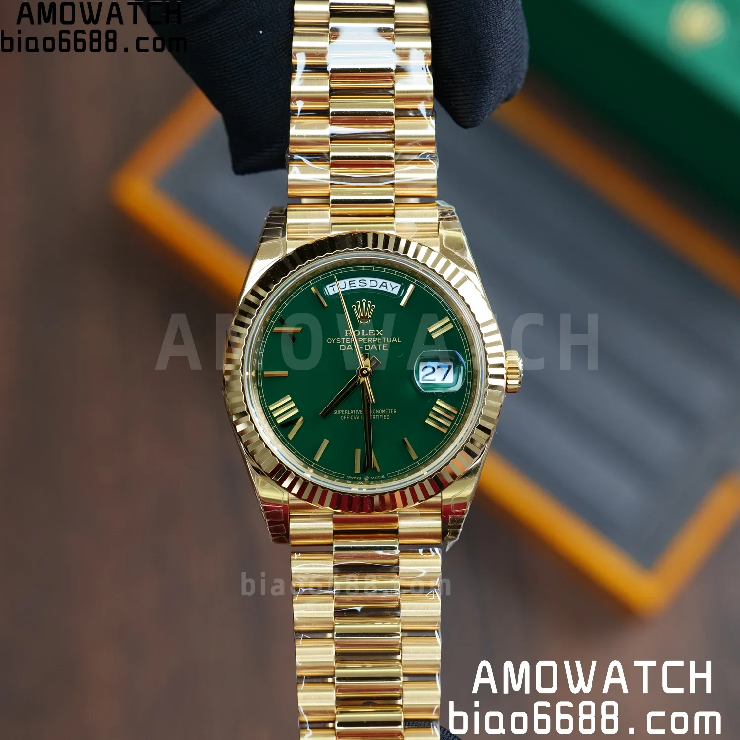 Rolex DayDate 228238 YG 40mm VSF 1:1 Best Edition Green Roman Dial Fluted Bezel 3255 66 9eb36a23f5217af AMO Watch