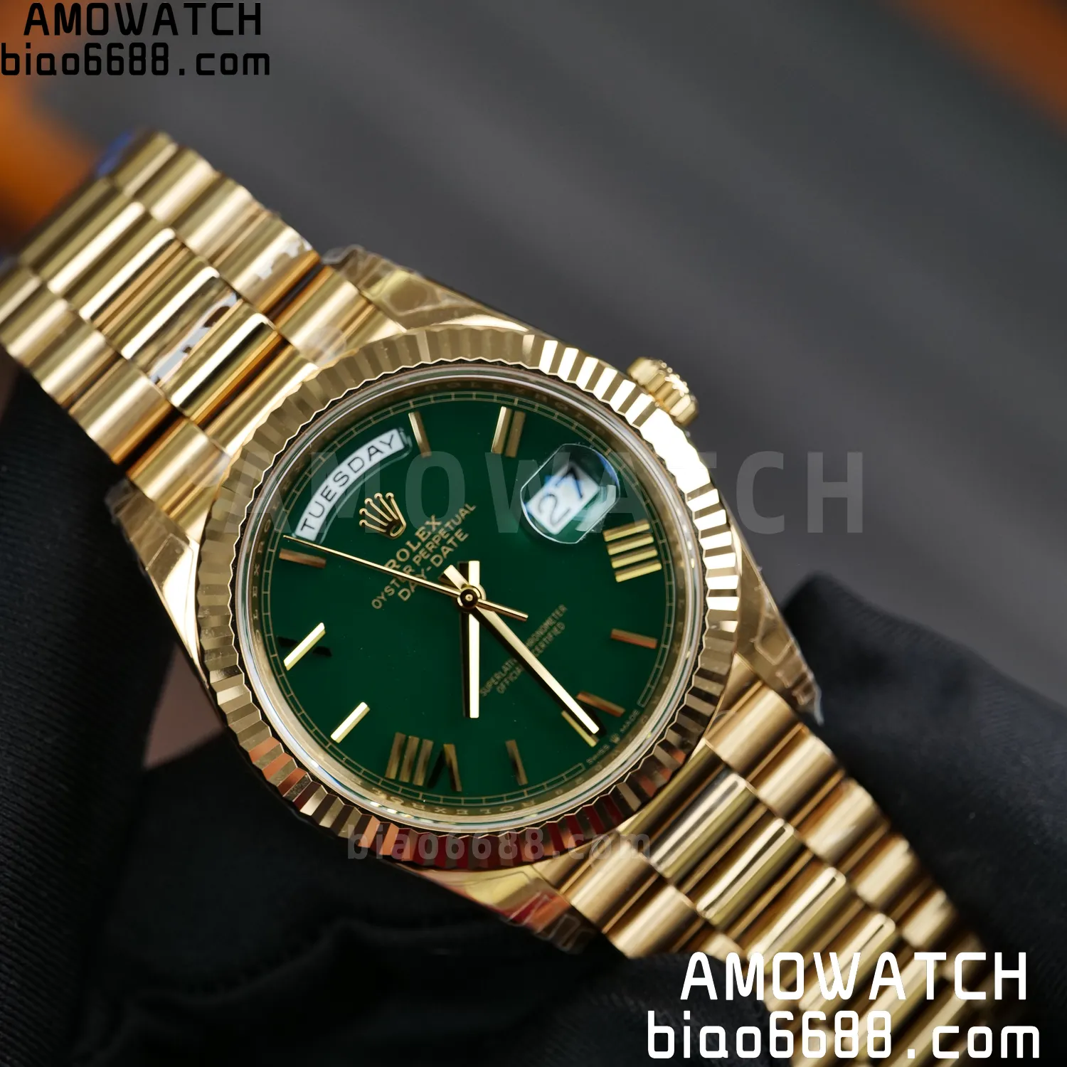 Rolex DayDate 228238 YG 40mm VSF 1:1 Best Edition Green Roman Dial Fluted Bezel 3255 72 a616ef77043960e AMO Watch