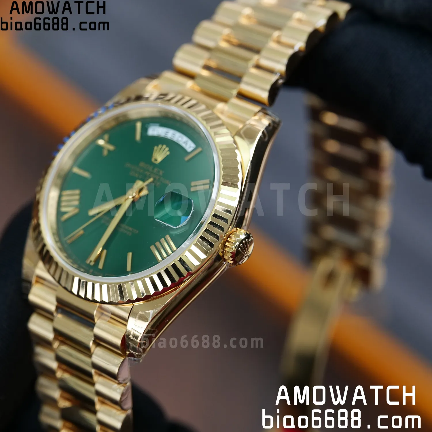 Rolex DayDate 228238 YG 40mm VSF 1:1 Best Edition Green Roman Dial Fluted Bezel 3255 71 ac9fb8b71690116 AMO Watch