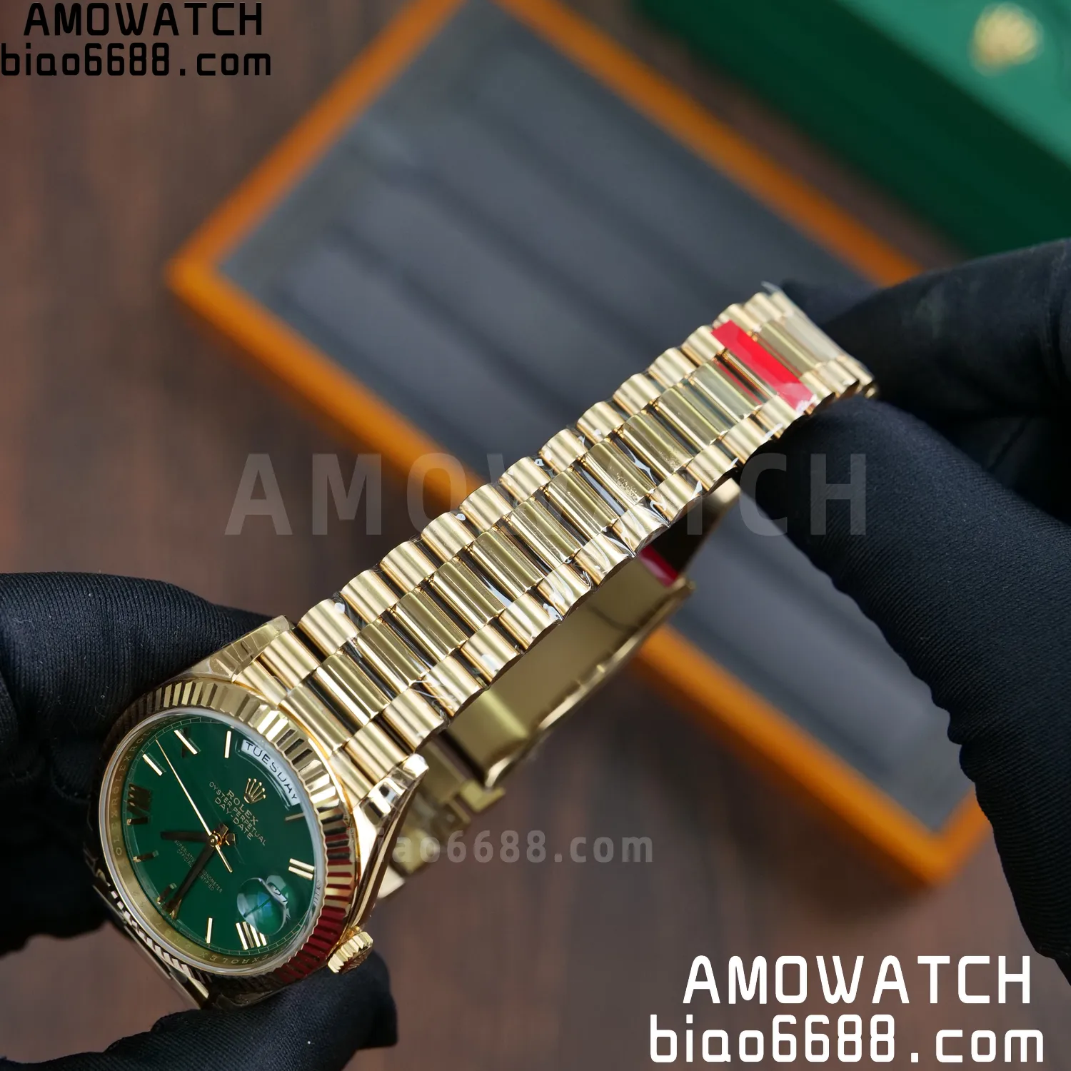 Rolex DayDate 228238 YG 40mm VSF 1:1 Best Edition Green Roman Dial Fluted Bezel 3255 64 b08880252e68904 AMO Watch