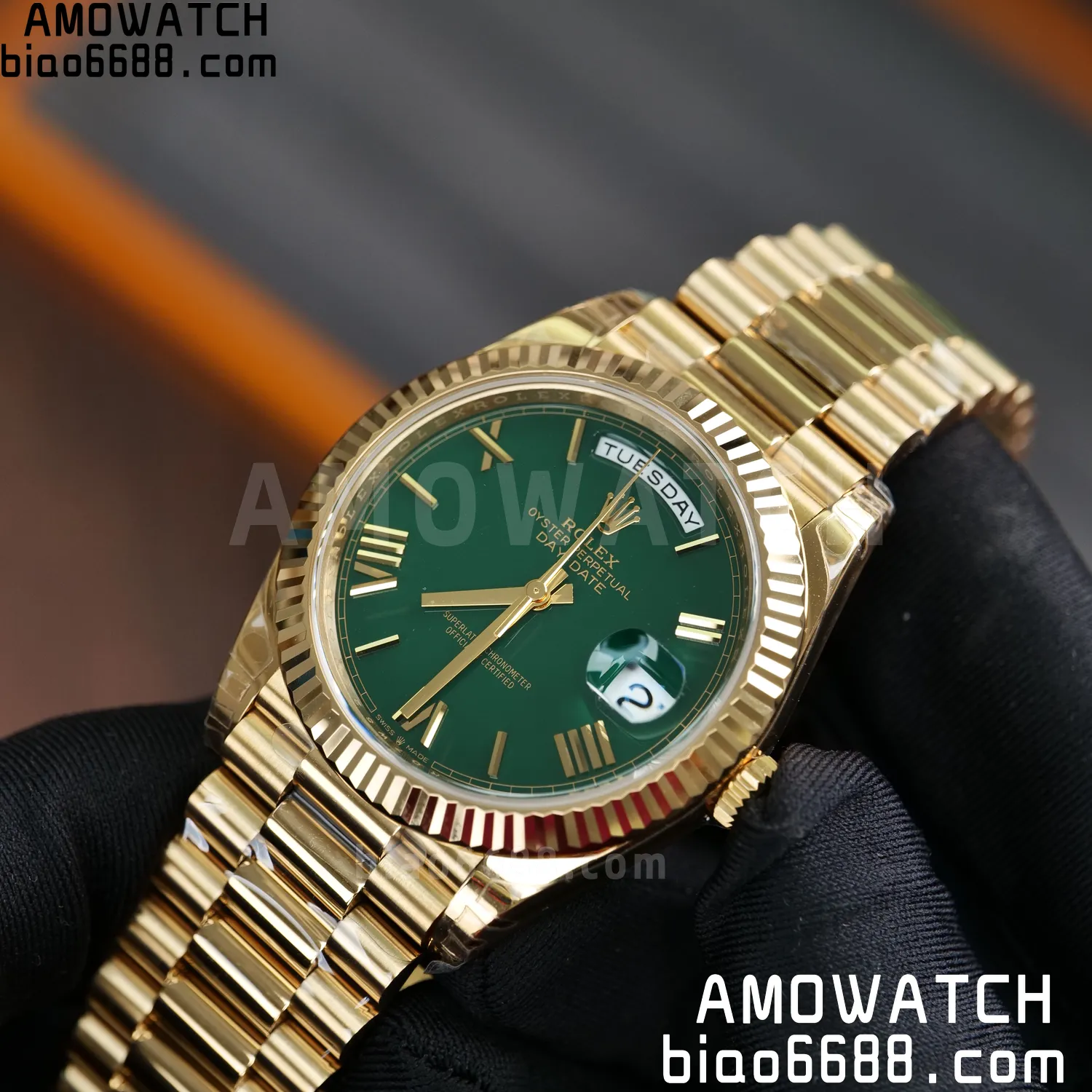 Rolex DayDate 228238 YG 40mm VSF 1:1 Best Edition Green Roman Dial Fluted Bezel 3255 73 b28c52e44dee5e4 AMO Watch