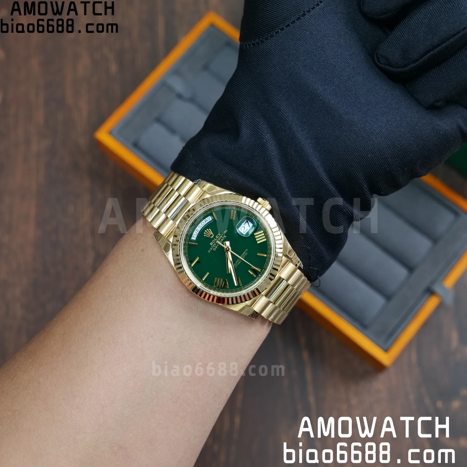 Rolex DayDate 228238 YG 40mm VSF 1:1 Best Edition Green Roman Dial Fluted Bezel 3255 86 c76bc4c20aae6c0 AMO Watch