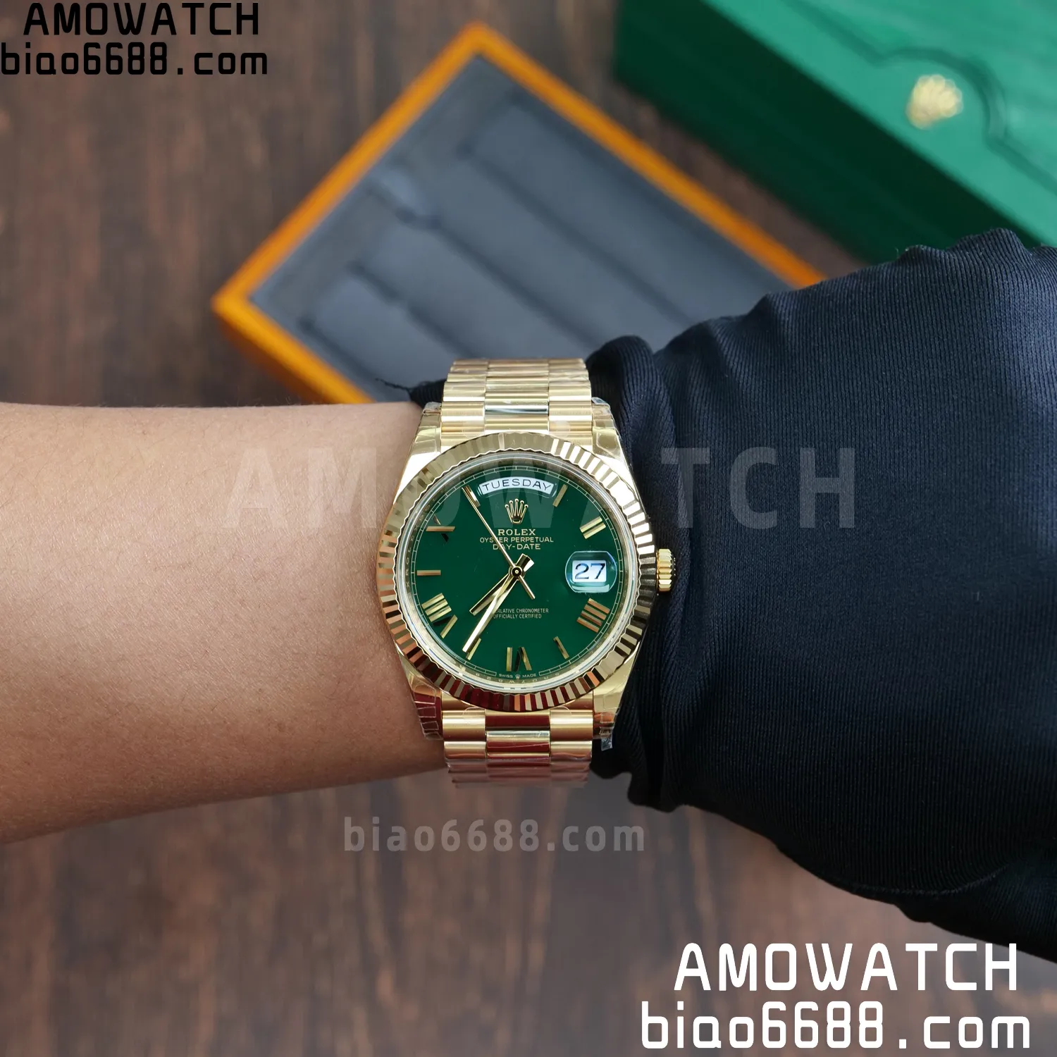 Rolex DayDate 228238 YG 40mm VSF 1:1 Best Edition Green Roman Dial Fluted Bezel 3255 84 d25a714d5a9766f AMO Watch