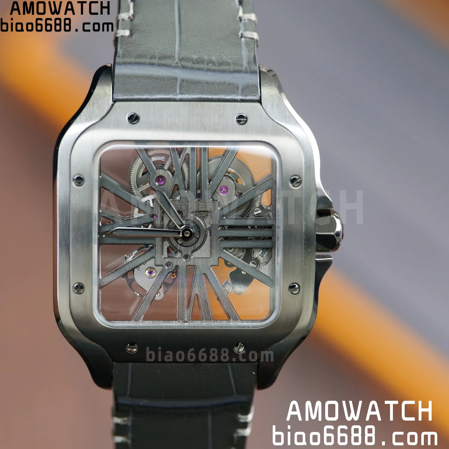 Cartier Santos Skeleton PVD RICH 1:1 Best Edition Skeleton Dial on Gray Leather Strap 9612MC Super Clone 78 033b07f26201bbd AMO Watch