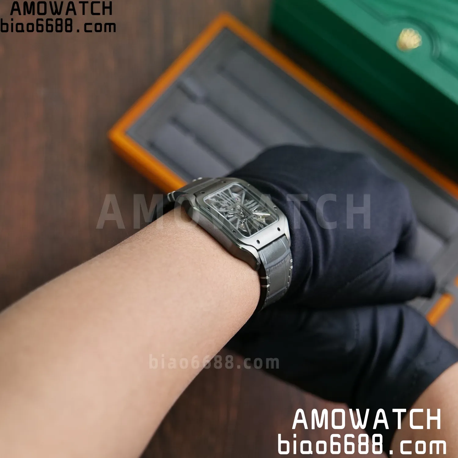 Cartier Santos Skeleton PVD RICH 1:1 Best Edition Skeleton Dial on Gray Leather Strap 9612MC Super Clone 97 1a147e2f232f643 AMO Watch