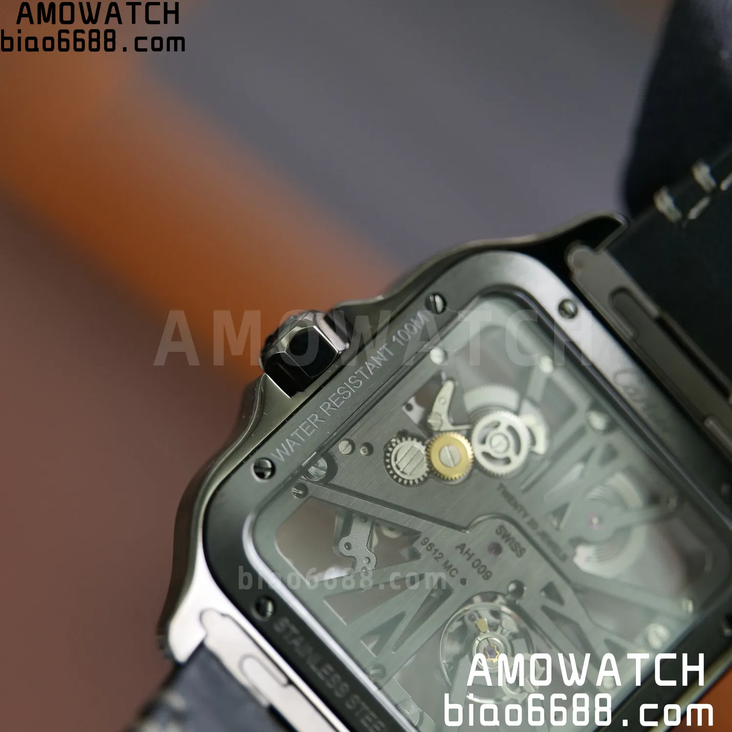 Cartier Santos Skeleton PVD RICH 1:1 Best Edition Skeleton Dial on Gray Leather Strap 9612MC Super Clone 95 1d062f3801c9ea3 AMO Watch