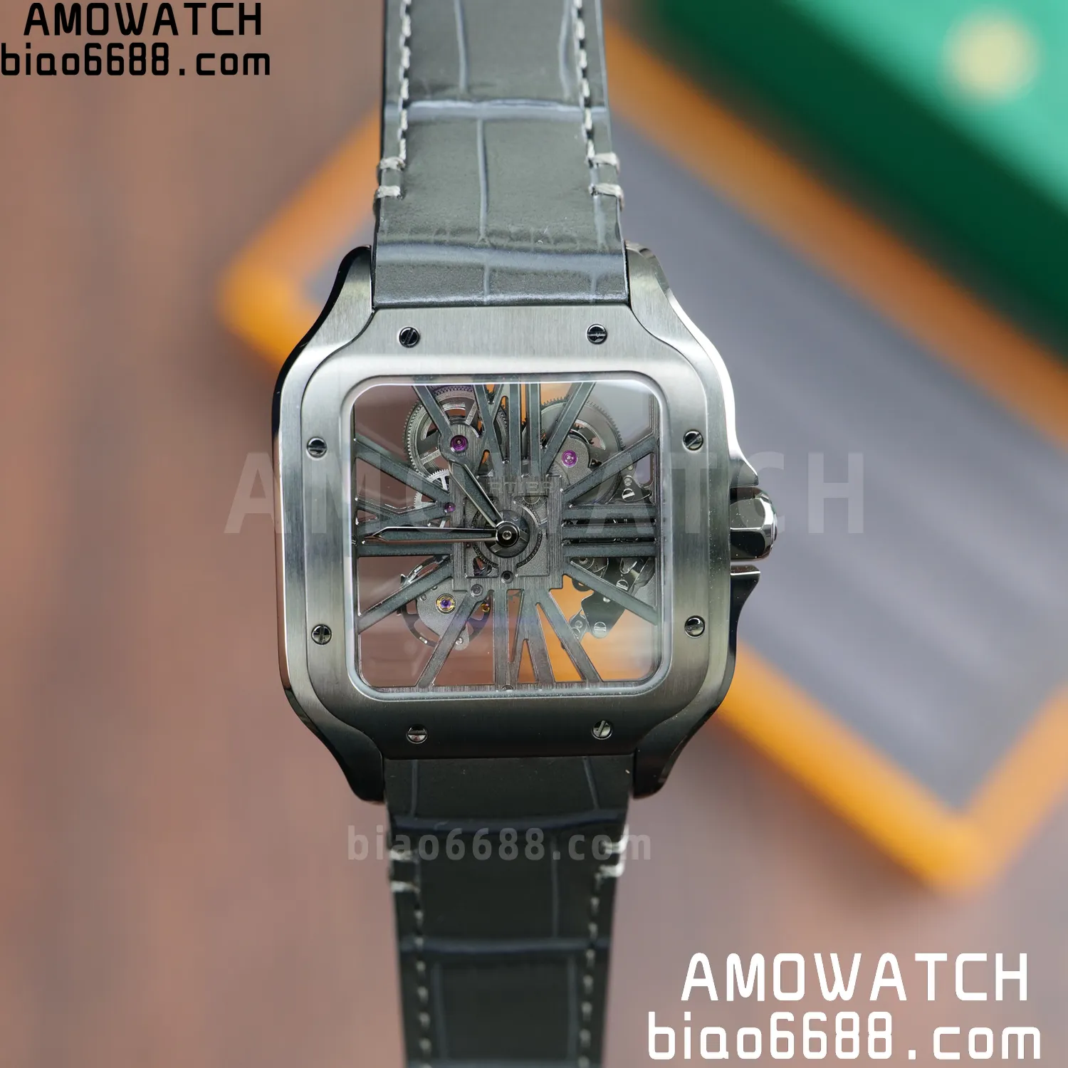 Cartier Santos Skeleton PVD RICH 1:1 Best Edition Skeleton Dial on Gray Leather Strap 9612MC Super Clone 77 2f117c0d7fcddfa AMO Watch