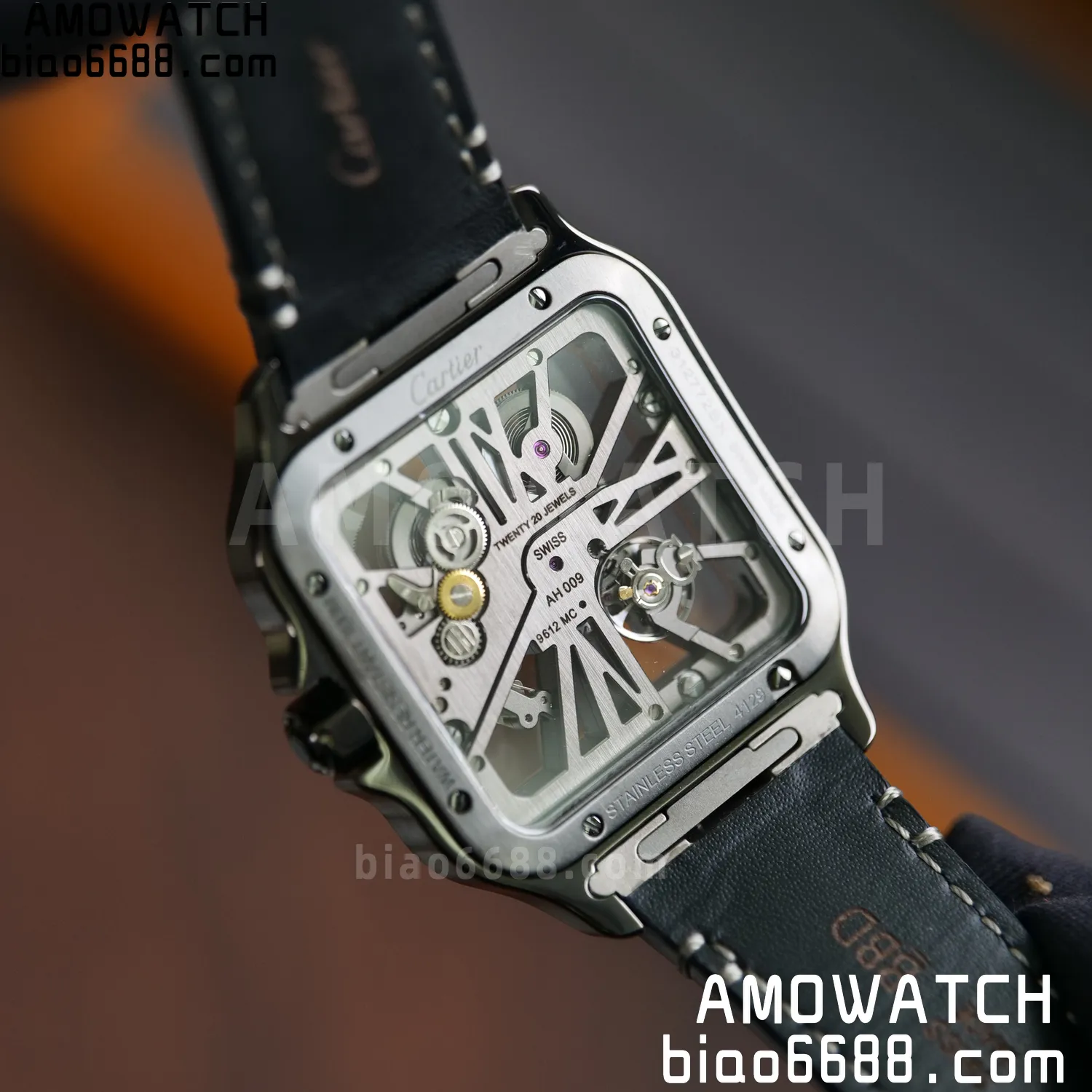 Cartier Santos Skeleton PVD RICH 1:1 Best Edition Skeleton Dial on Gray Leather Strap 9612MC Super Clone 90 343865f842164fb AMO Watch