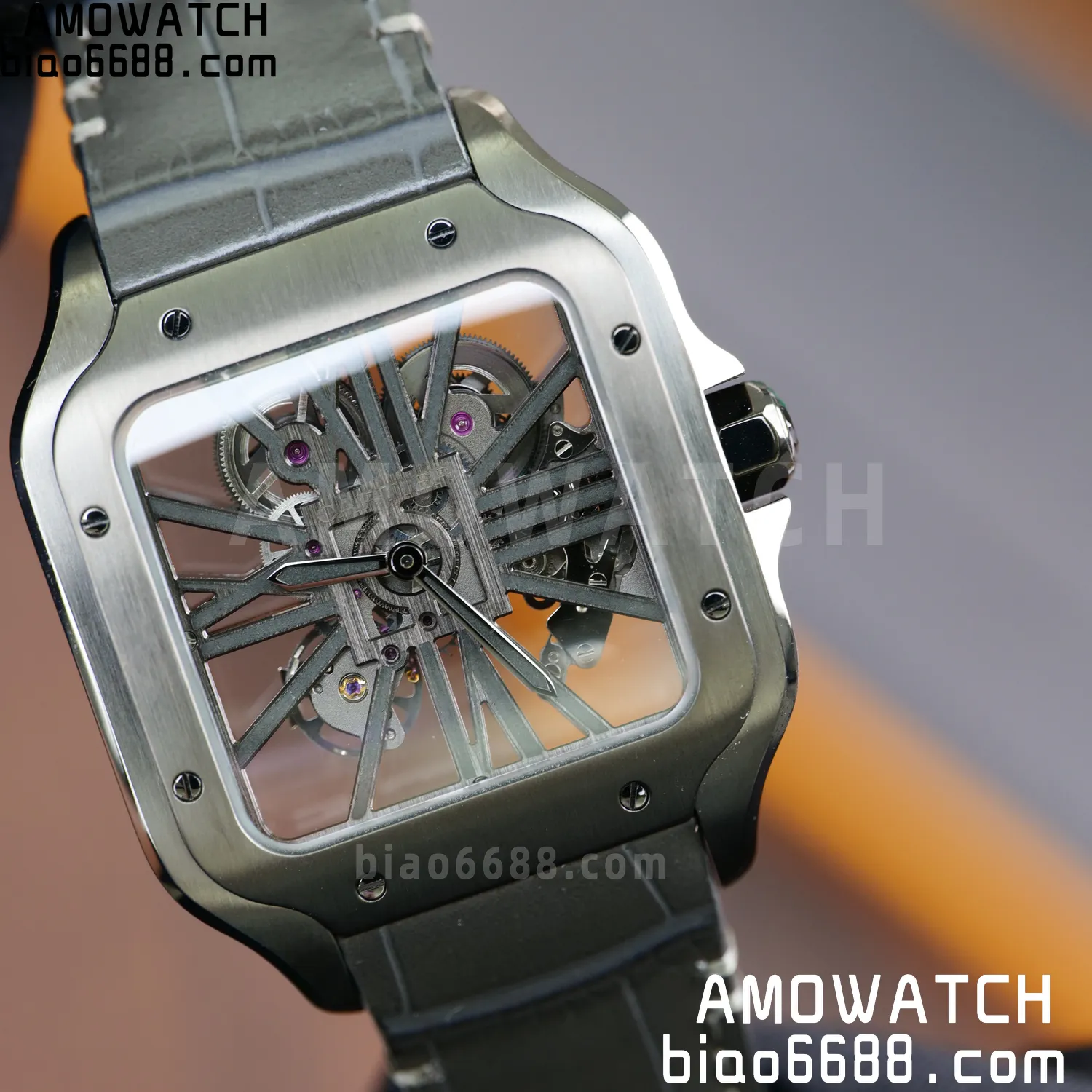 Cartier Santos Skeleton PVD RICH 1:1 Best Edition Skeleton Dial on Gray Leather Strap 9612MC Super Clone 86 3b40a0a6b4d08e5 AMO Watch