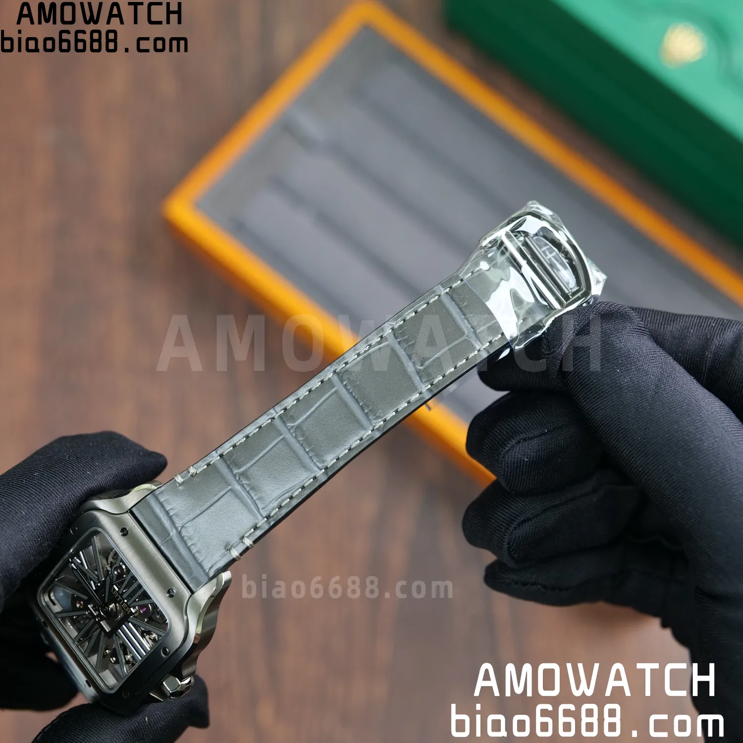 Cartier Santos Skeleton PVD RICH 1:1 Best Edition Skeleton Dial on Gray Leather Strap 9612MC Super Clone 75 41a3b0801400d94 AMO Watch