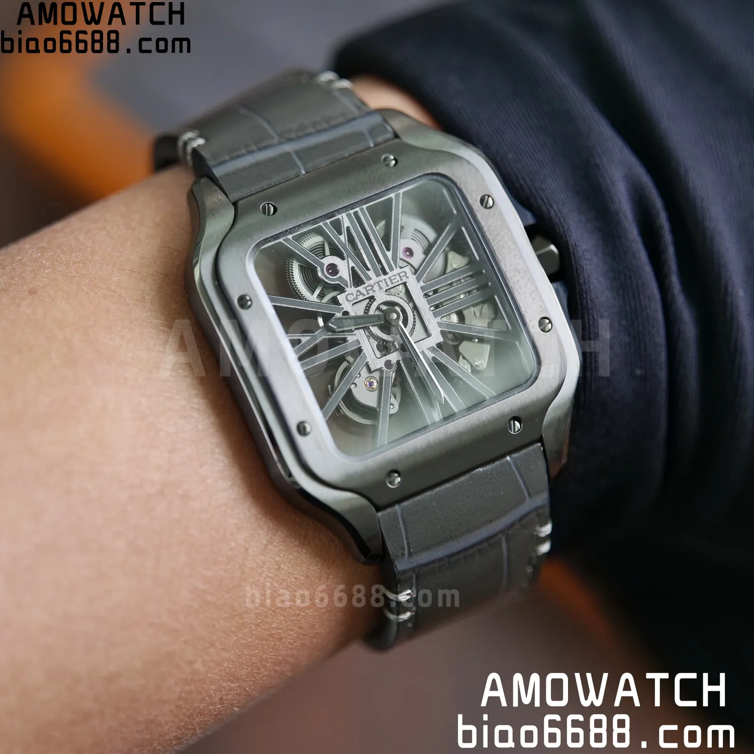 Cartier Santos Skeleton PVD RICH 1:1 Best Edition Skeleton Dial on Gray Leather Strap 9612MC Super Clone 102 4f53a40cd45ec93 AMO Watch