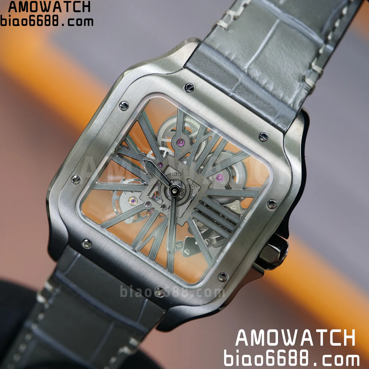 Cartier Santos Skeleton PVD RICH 1:1 Best Edition Skeleton Dial on Gray Leather Strap 9612MC Super Clone 87 5150a1d9723dd94 AMO Watch