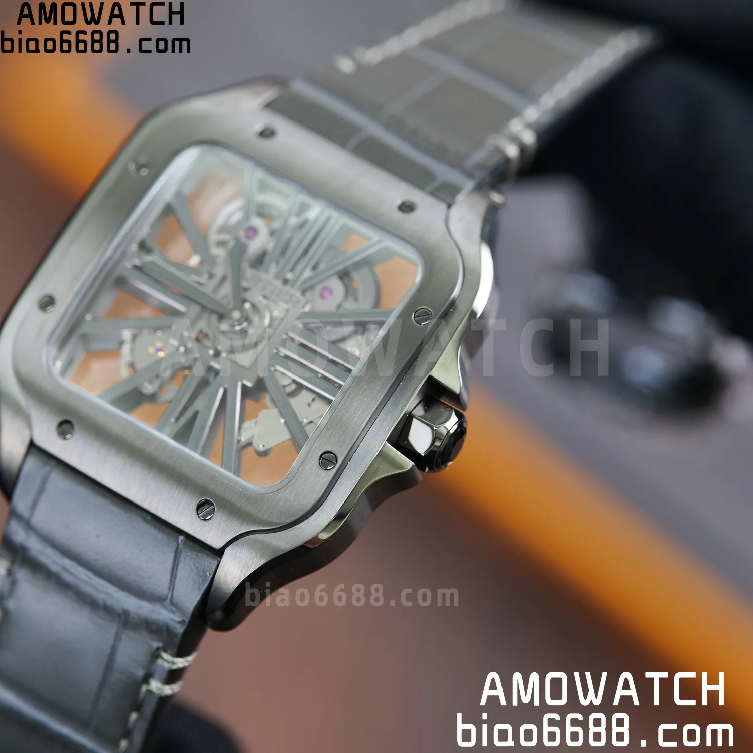 Cartier Santos Skeleton PVD RICH 1:1 Best Edition Skeleton Dial on Gray Leather Strap 9612MC Super Clone 82 6624eb672200db5 AMO Watch