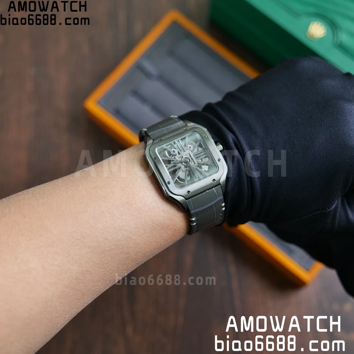 Cartier Santos Skeleton PVD RICH 1:1 Best Edition Skeleton Dial on Gray Leather Strap 9612MC Super Clone 99 687c29c7a4ff0a1 AMO Watch