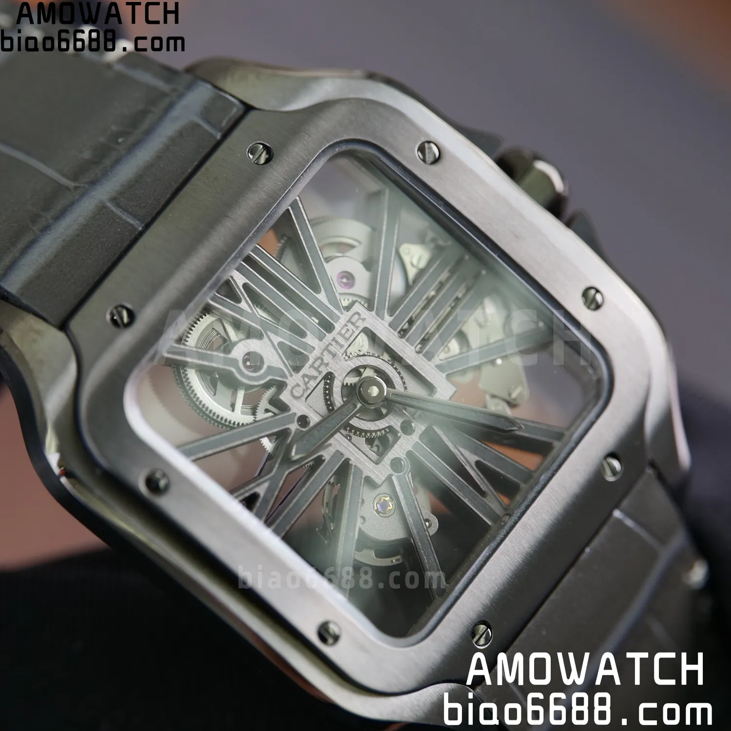 Cartier Santos Skeleton PVD RICH 1:1 Best Edition Skeleton Dial on Gray Leather Strap 9612MC Super Clone 88 6d3de5646a70c86 AMO Watch