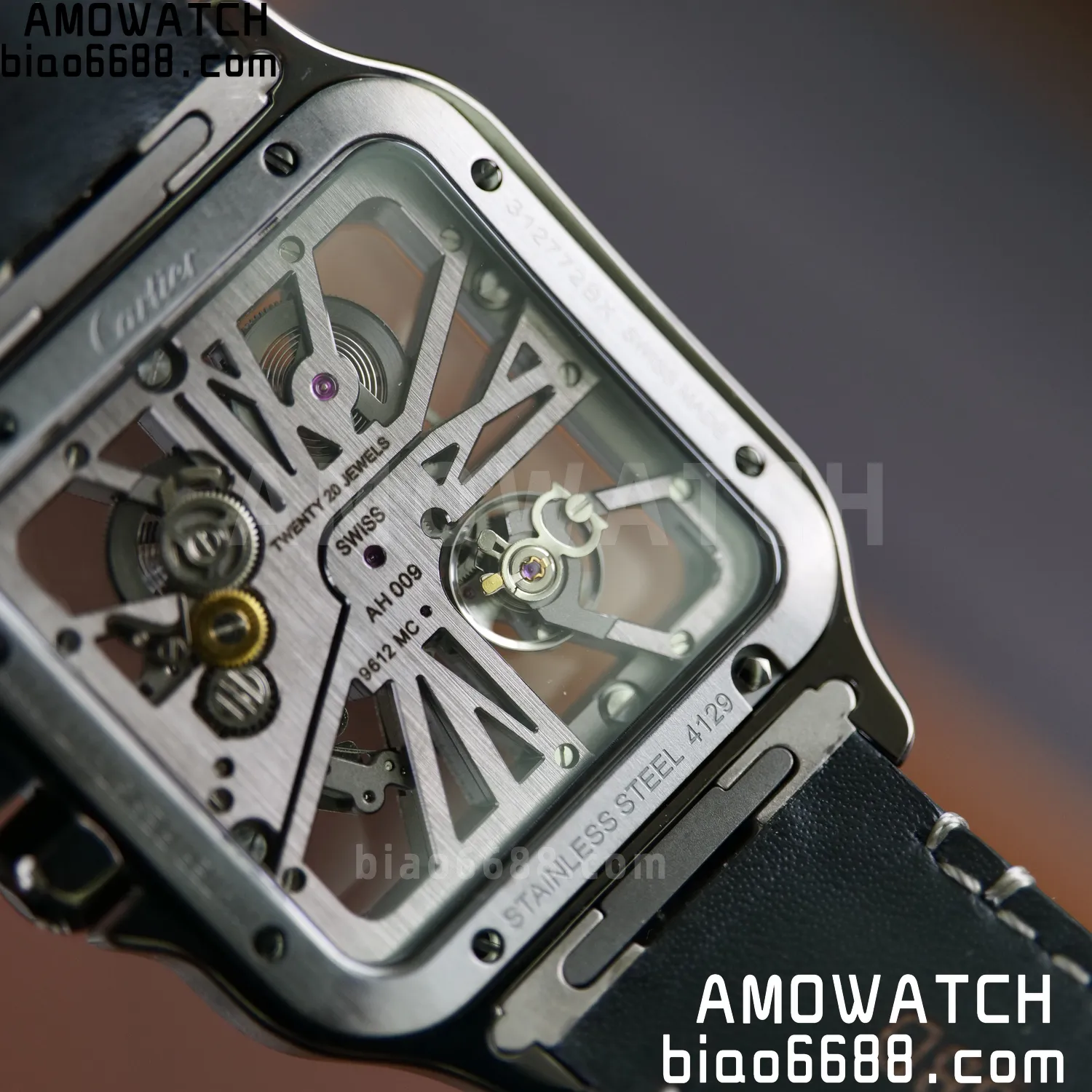 Cartier Santos Skeleton PVD RICH 1:1 Best Edition Skeleton Dial on Gray Leather Strap 9612MC Super Clone 92 746b8c1e555cc76 AMO Watch