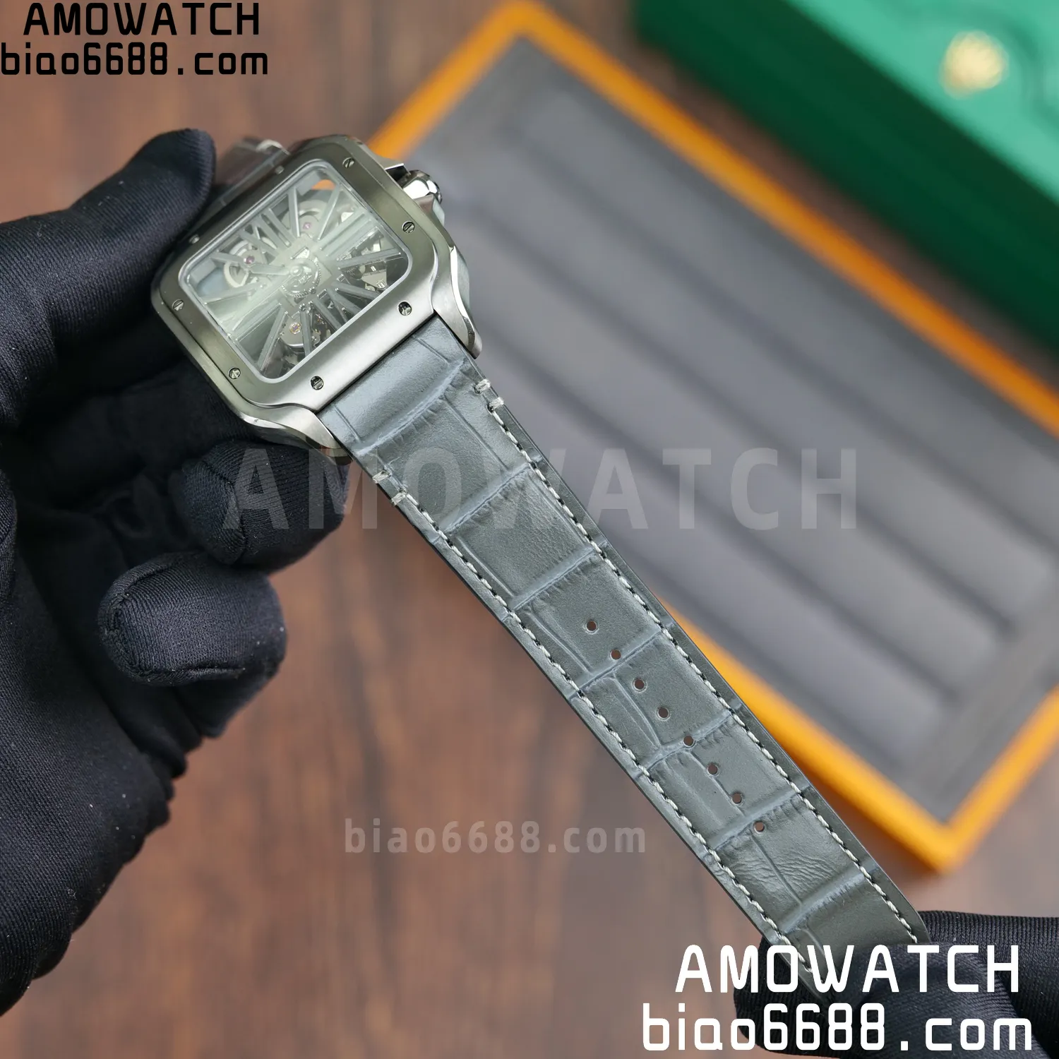 Cartier Santos Skeleton PVD RICH 1:1 Best Edition Skeleton Dial on Gray Leather Strap 9612MC Super Clone 76 9f1172df1cc43fb AMO Watch