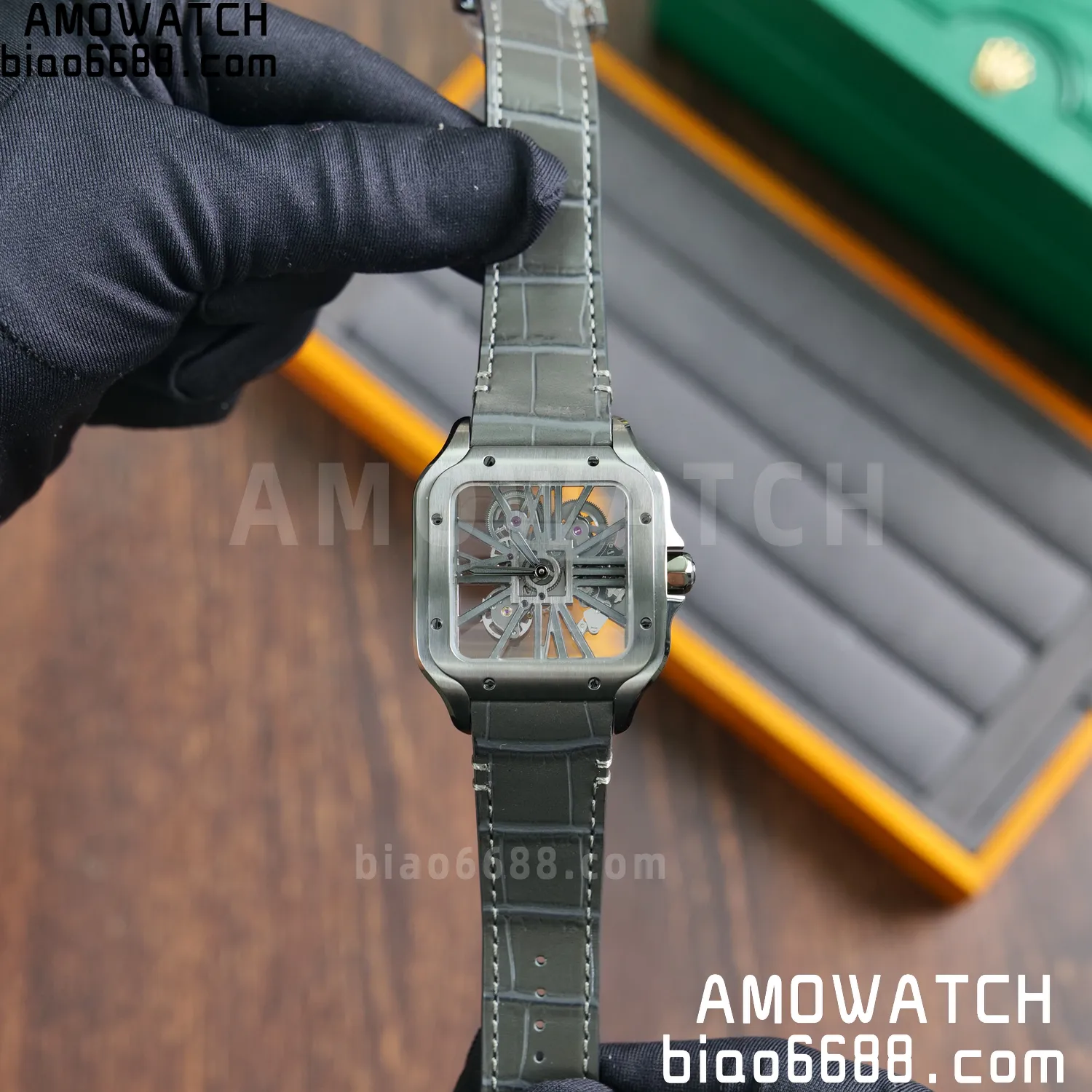 Cartier Santos Skeleton PVD RICH 1:1 Best Edition Skeleton Dial on Gray Leather Strap 9612MC Super Clone 72 a5a987eaa391122 AMO Watch