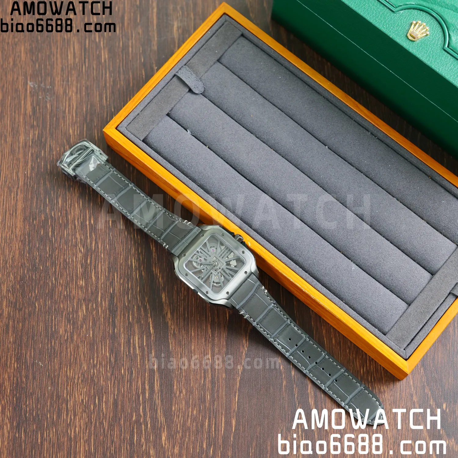 Cartier Santos Skeleton PVD RICH 1:1 Best Edition Skeleton Dial on Gray Leather Strap 9612MC Super Clone 70 ac5577ccfbb9323 AMO Watch