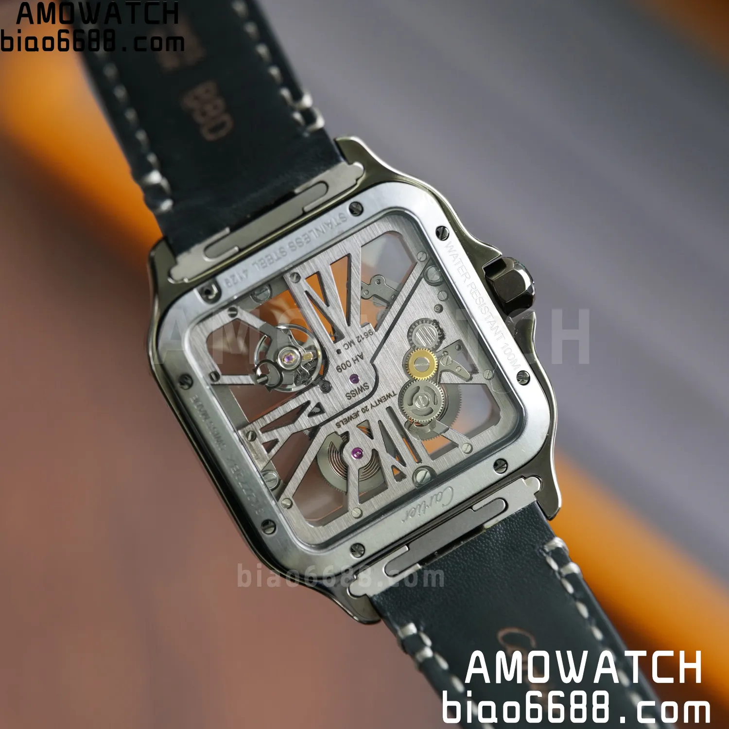 Cartier Santos Skeleton PVD RICH 1:1 Best Edition Skeleton Dial on Gray Leather Strap 9612MC Super Clone 91 b35739761901acb AMO Watch