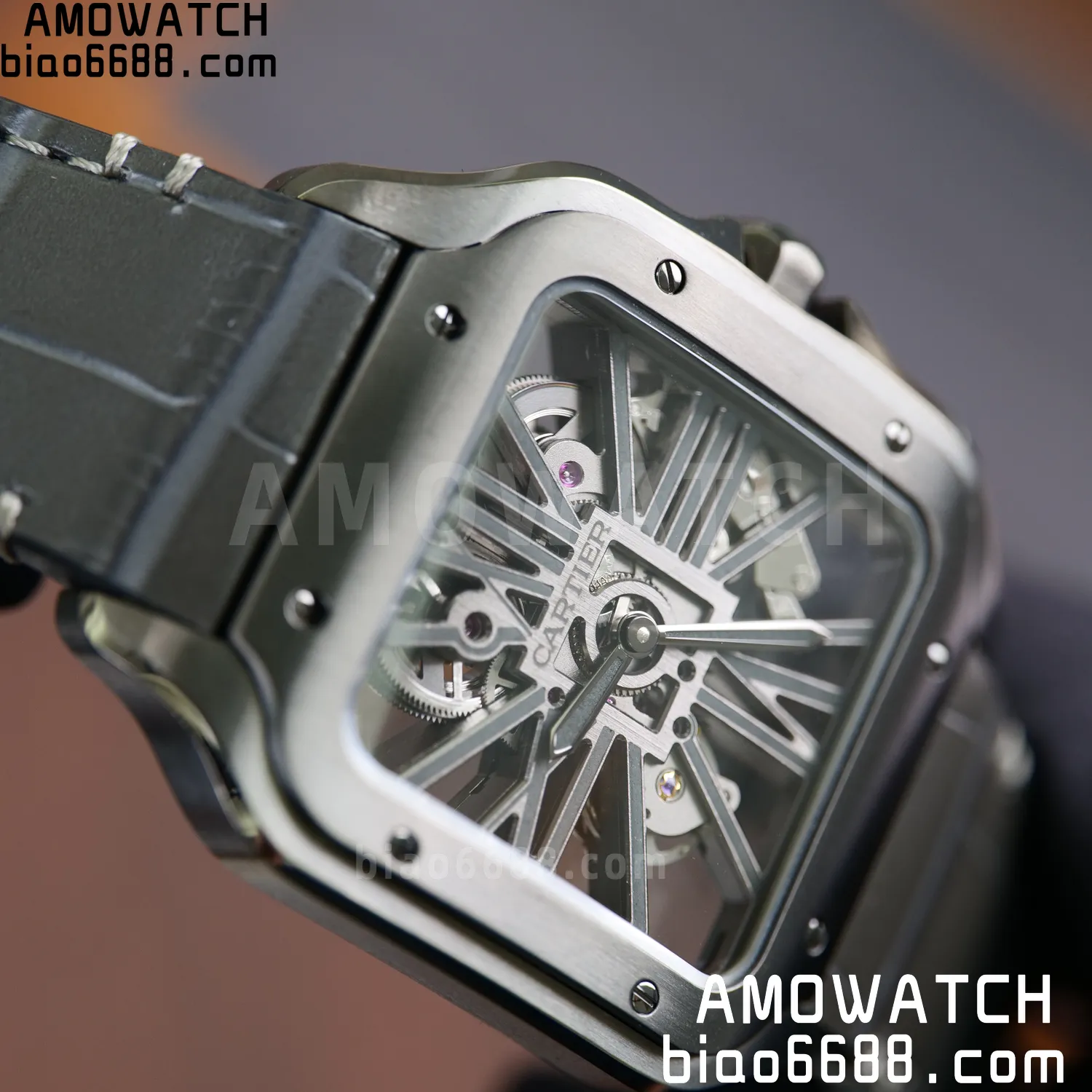 Cartier Santos Skeleton PVD RICH 1:1 Best Edition Skeleton Dial on Gray Leather Strap 9612MC Super Clone 85 bdc05ad90a388e6 AMO Watch