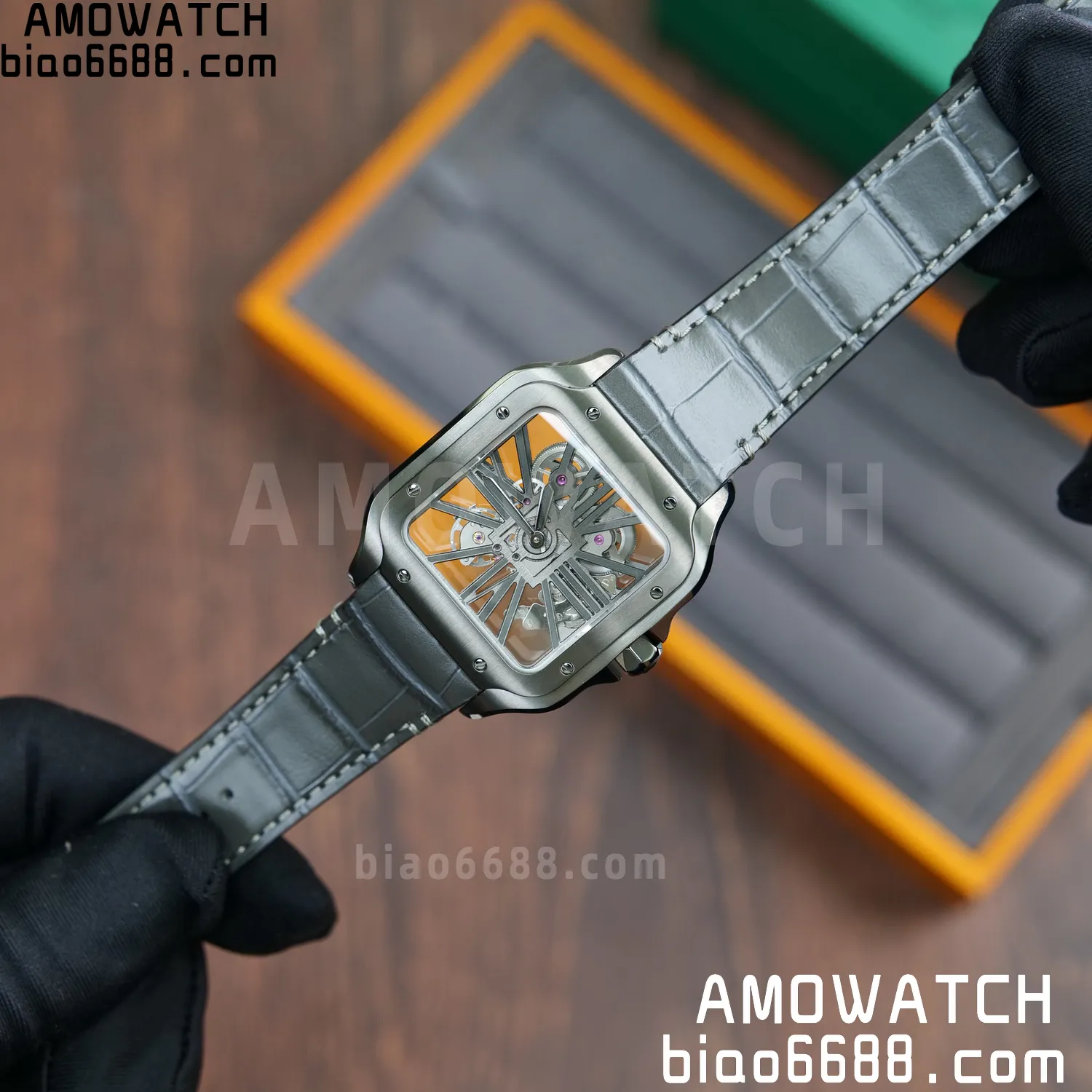 Cartier Santos Skeleton PVD RICH 1:1 Best Edition Skeleton Dial on Gray Leather Strap 9612MC Super Clone 74 d011bb5ff0f44f2 AMO Watch
