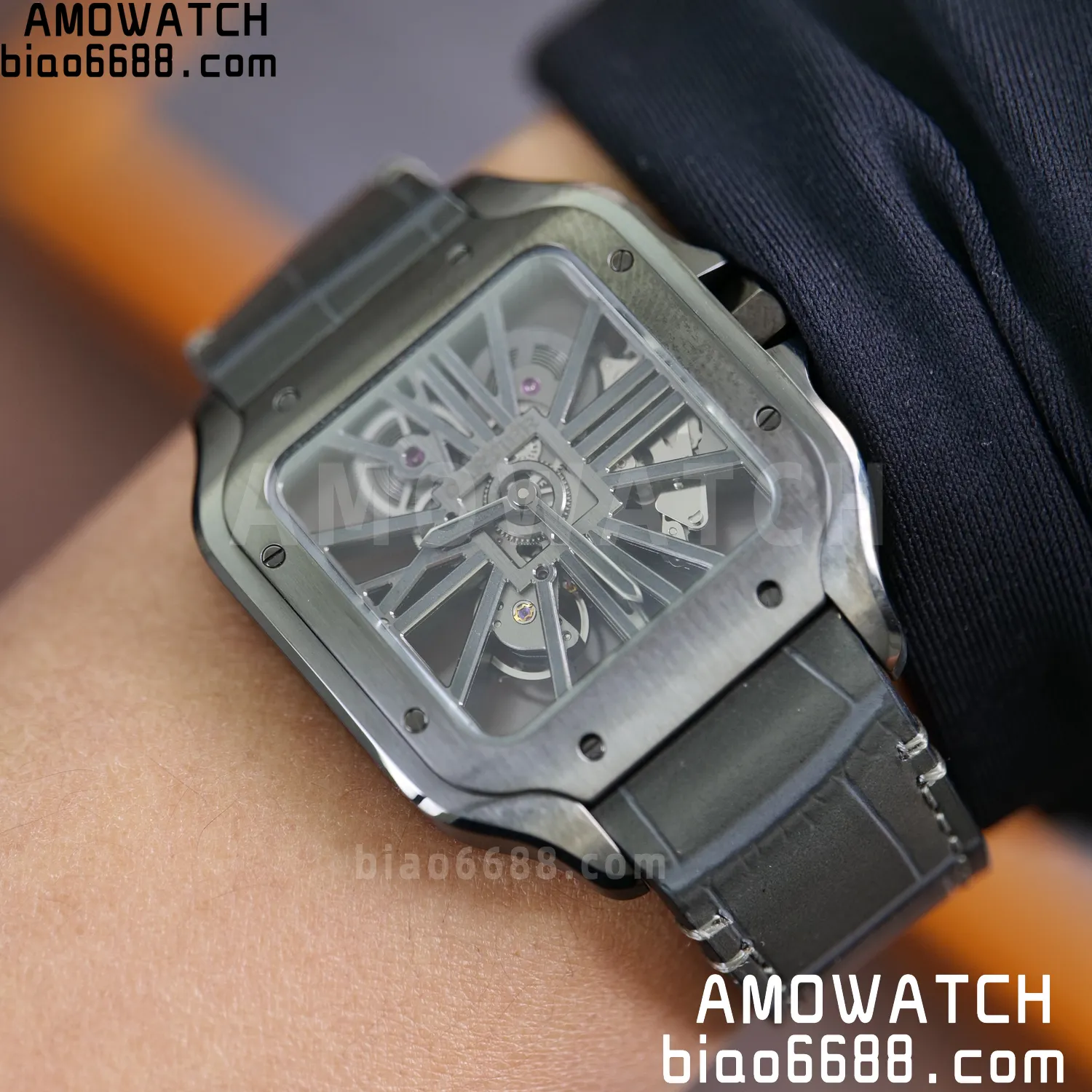 Cartier Santos Skeleton PVD RICH 1:1 Best Edition Skeleton Dial on Gray Leather Strap 9612MC Super Clone 101 d3541fdcb3fd86c AMO Watch