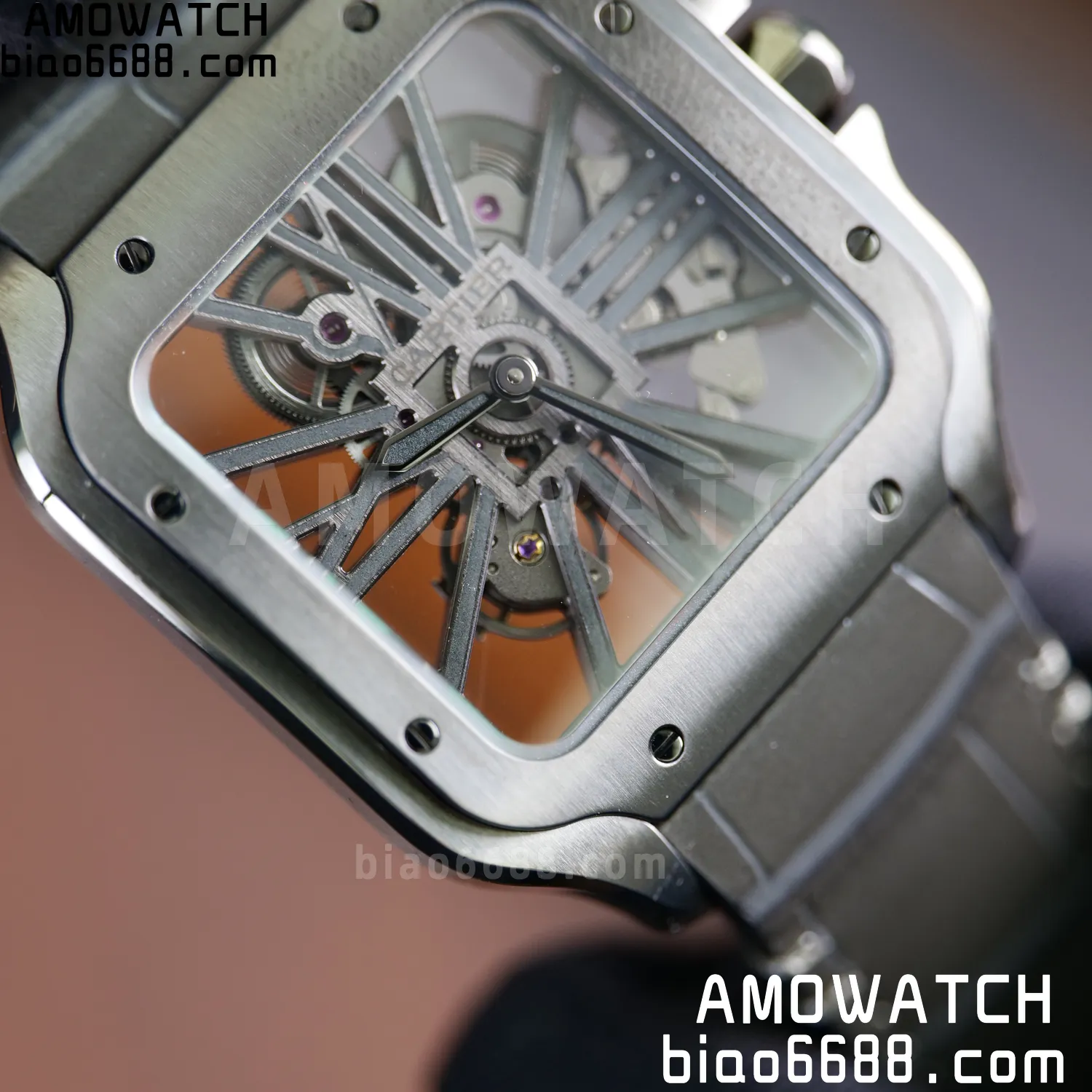 Cartier Santos Skeleton PVD RICH 1:1 Best Edition Skeleton Dial on Gray Leather Strap 9612MC Super Clone 89 e871e48ddbefb08 AMO Watch