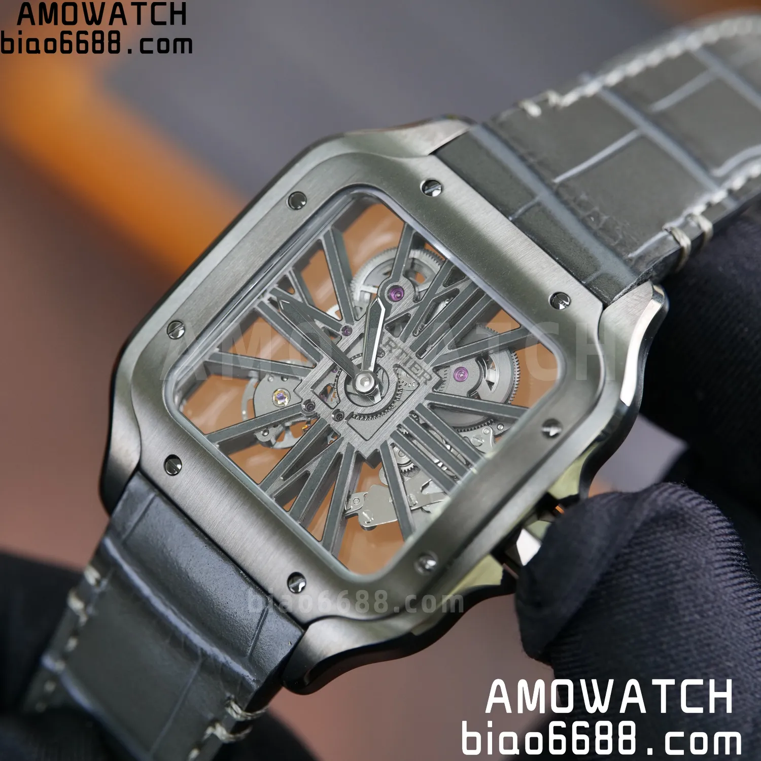 Cartier Santos Skeleton PVD RICH 1:1 Best Edition Skeleton Dial on Gray Leather Strap 9612MC Super Clone 84 fed62b7e01d0232 AMO Watch