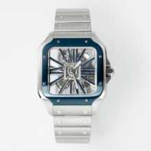 Cartier Santos Skeleton SS RICH 1:1 Best Edition Skeleton Dial Blue Bezel on SS SmartLink Bracelet 9611MC Super Clone V2