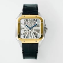 Cartier Santos Skeleton SS/YG RICH 1:1 Best Edition Skeleton Dial on Black Leather Strap 9611MC Super Clone V2